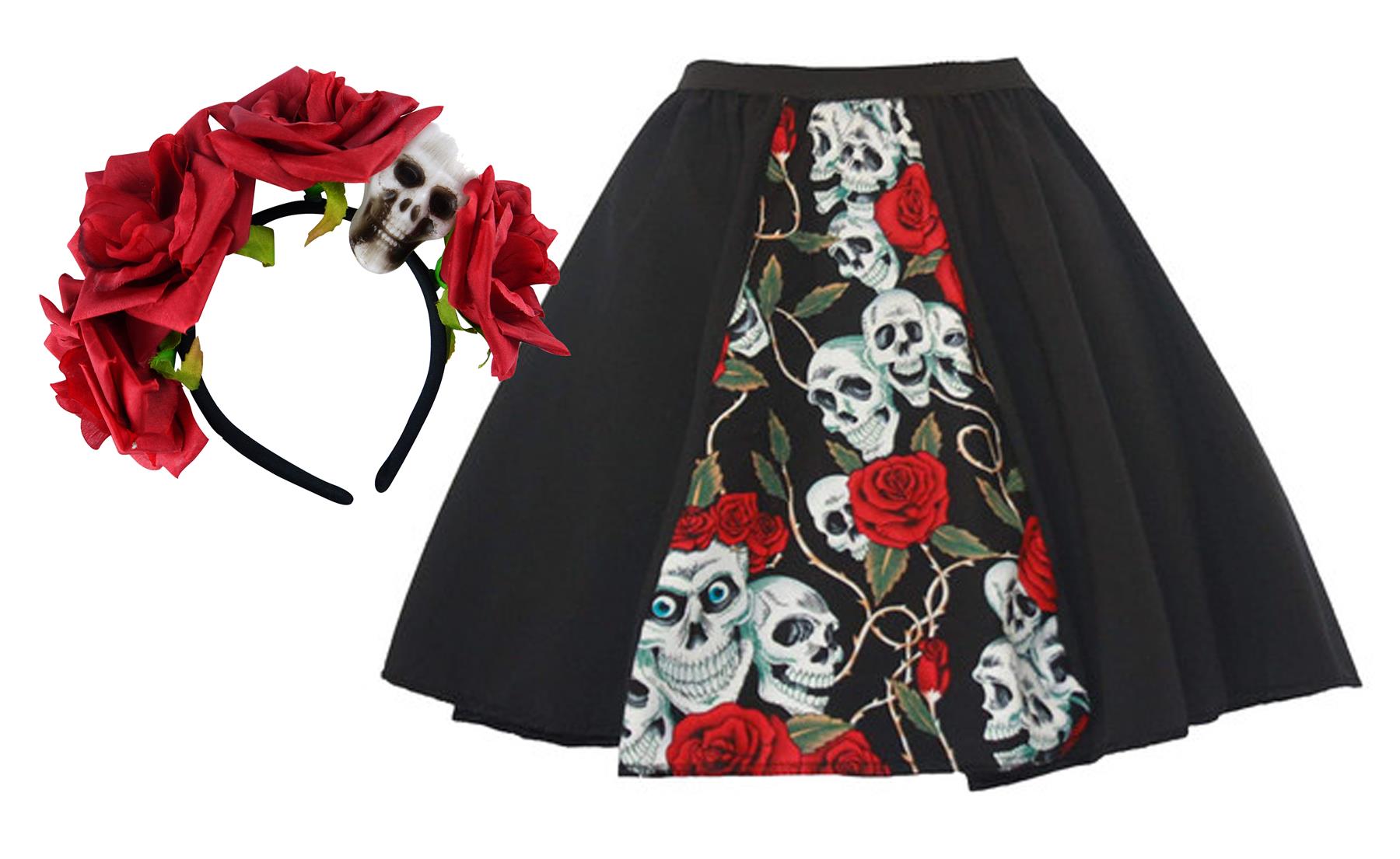 Adults Mexican Day of The Dead Panel Skirt & Headband Halloween Fancy Dress - Picture 2 of 3