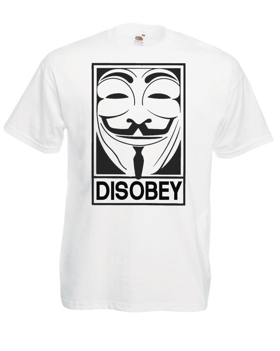 Adults Disobey Anonymous Vendetta Hacker Guy Fawkes Unisex White T-Shirt - Picture 7 of 8