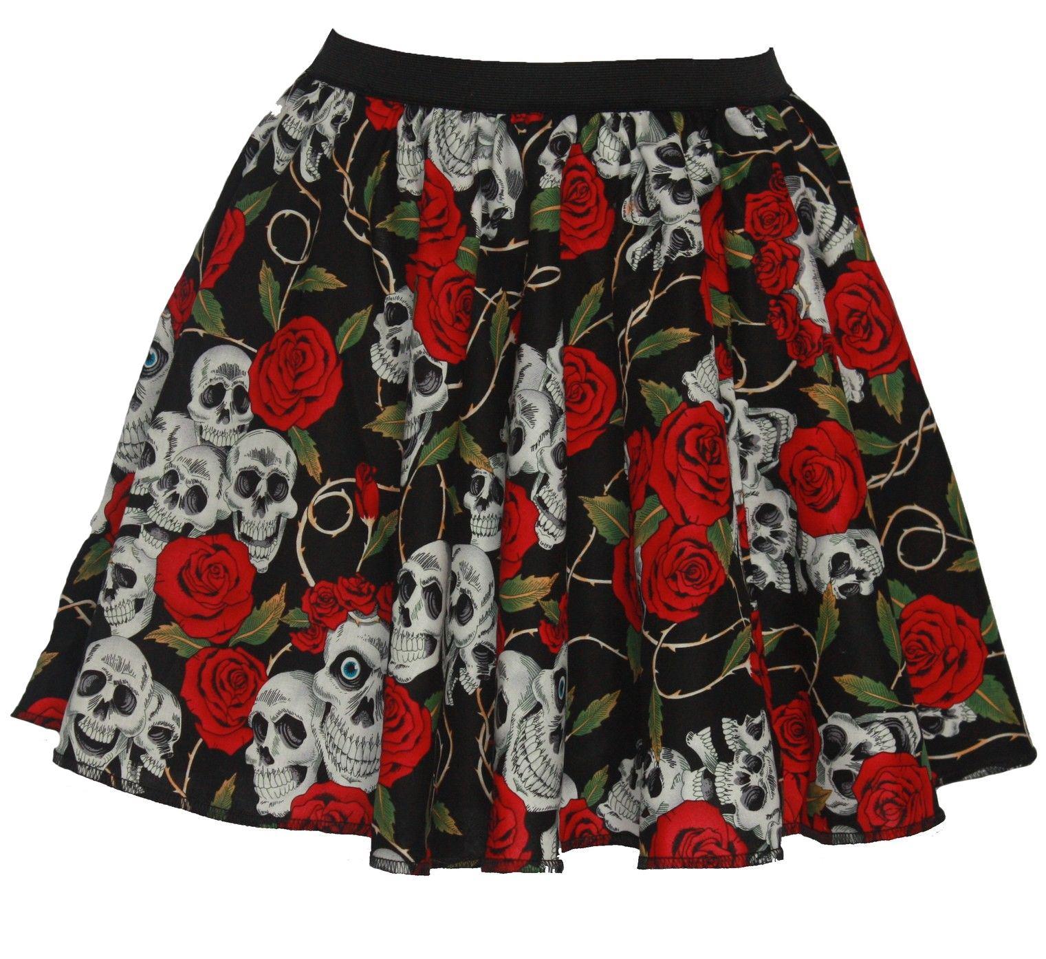 Ladies Halloween 15" Day of the Dead Skulls & Roses Fancy Dress Skater Skirt - Picture 3 of 3