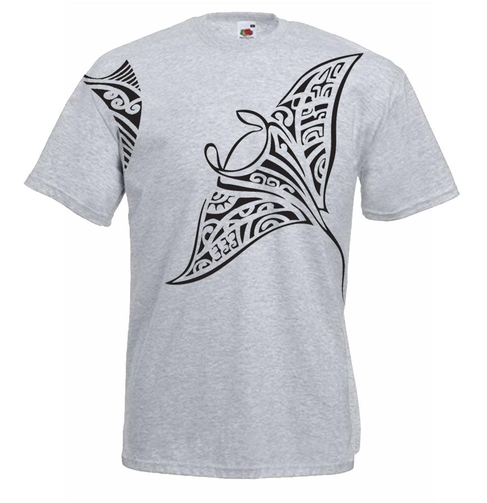 Herren Polynesian Tribal Tattoo Stachelrochen Sea-Life Maori Grau Unisex Stamm T-Shirt - Bild 8 von 8