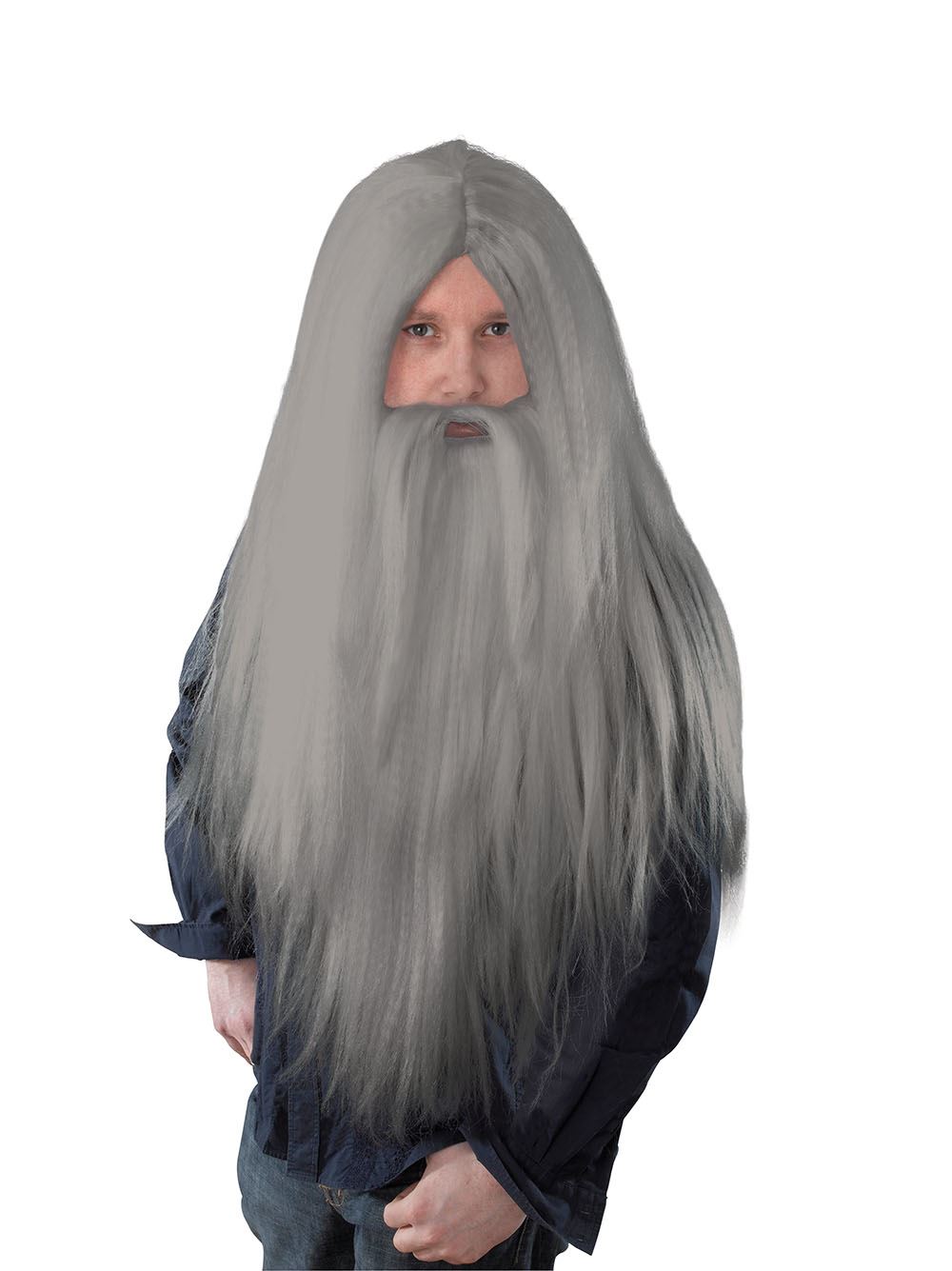 Mens Long Grey Wizard Beard &amp; Hair Wig Fancy Dress Halloween Accessory