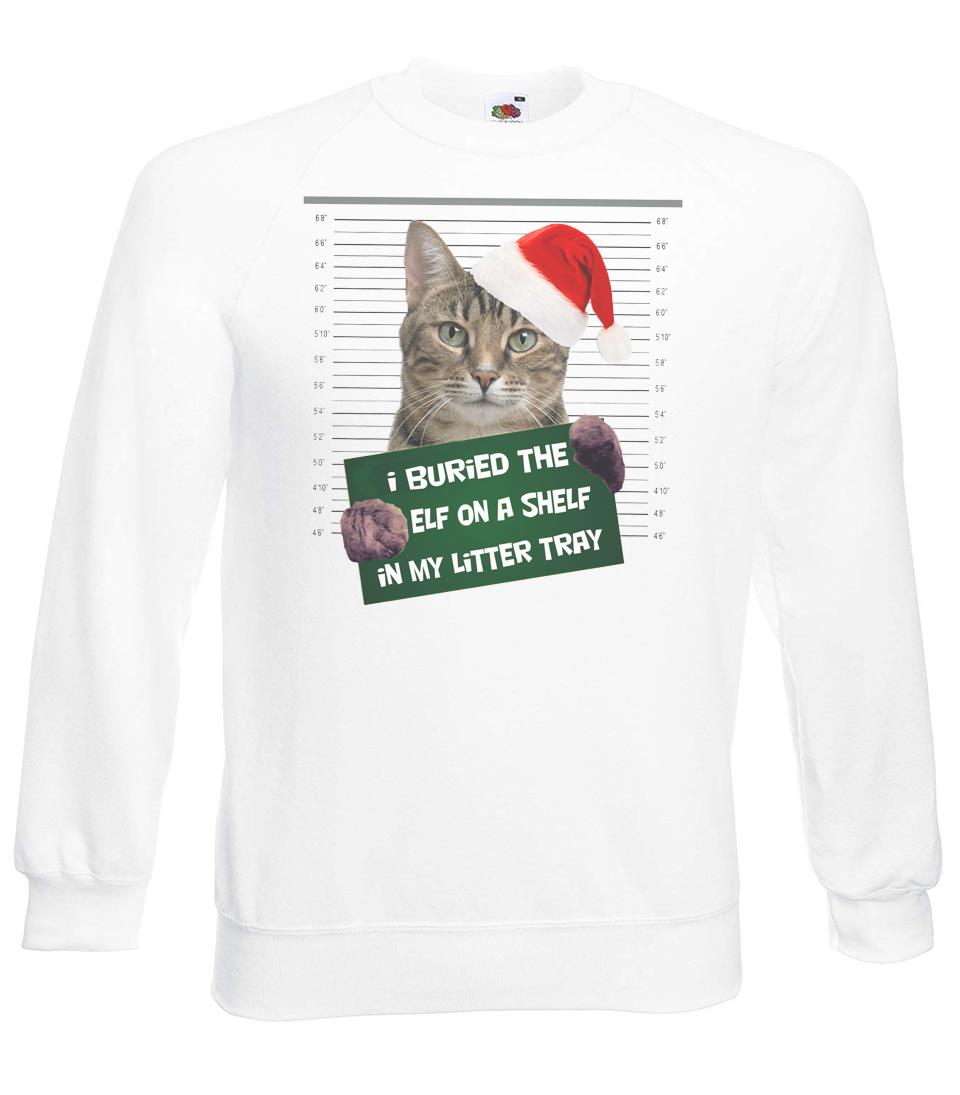 Adults Bad Cat I Buried The Elf In My Litter Tray Fun White Christmas Jumper - Picture 3 of 7