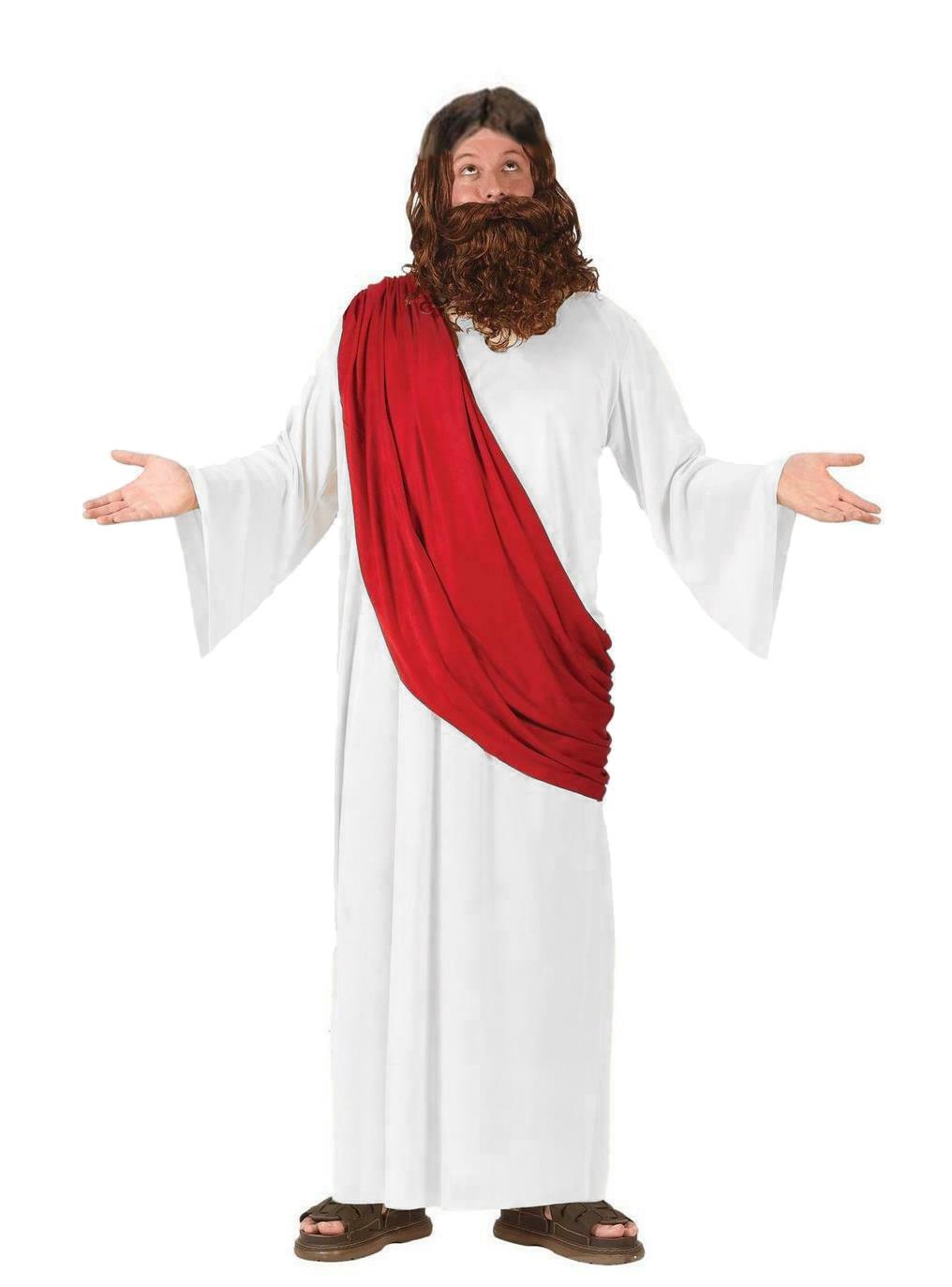 Adults Jesus Fancy Dress Costume Red & White Nativity Dress Up Robes Wig & Beard - Picture 3 of 4