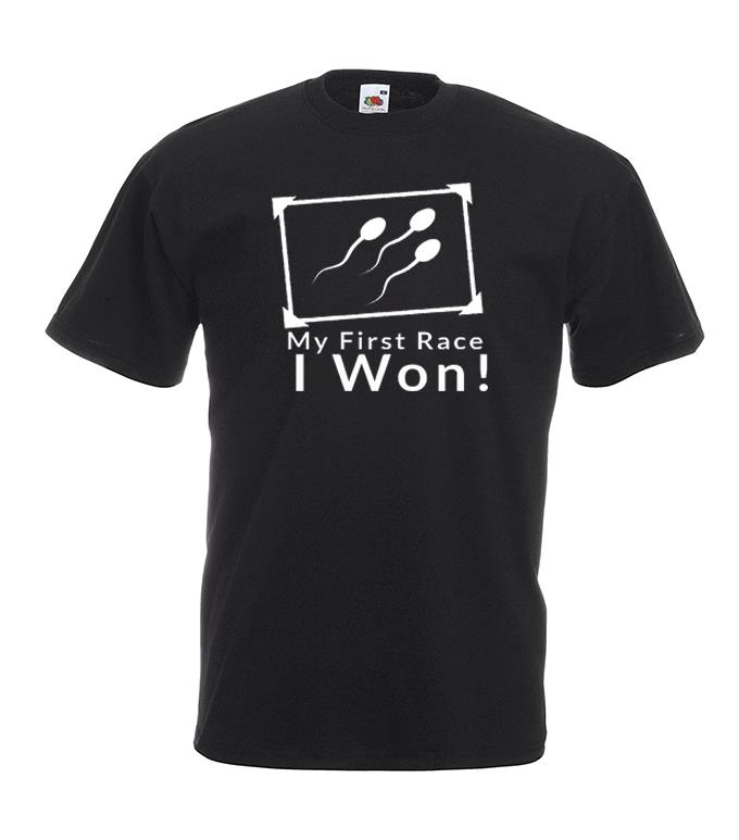 Mens My First Race I Won! Funny Rude Adult Humour Black Unisex T-Shirt - Picture 7 of 8