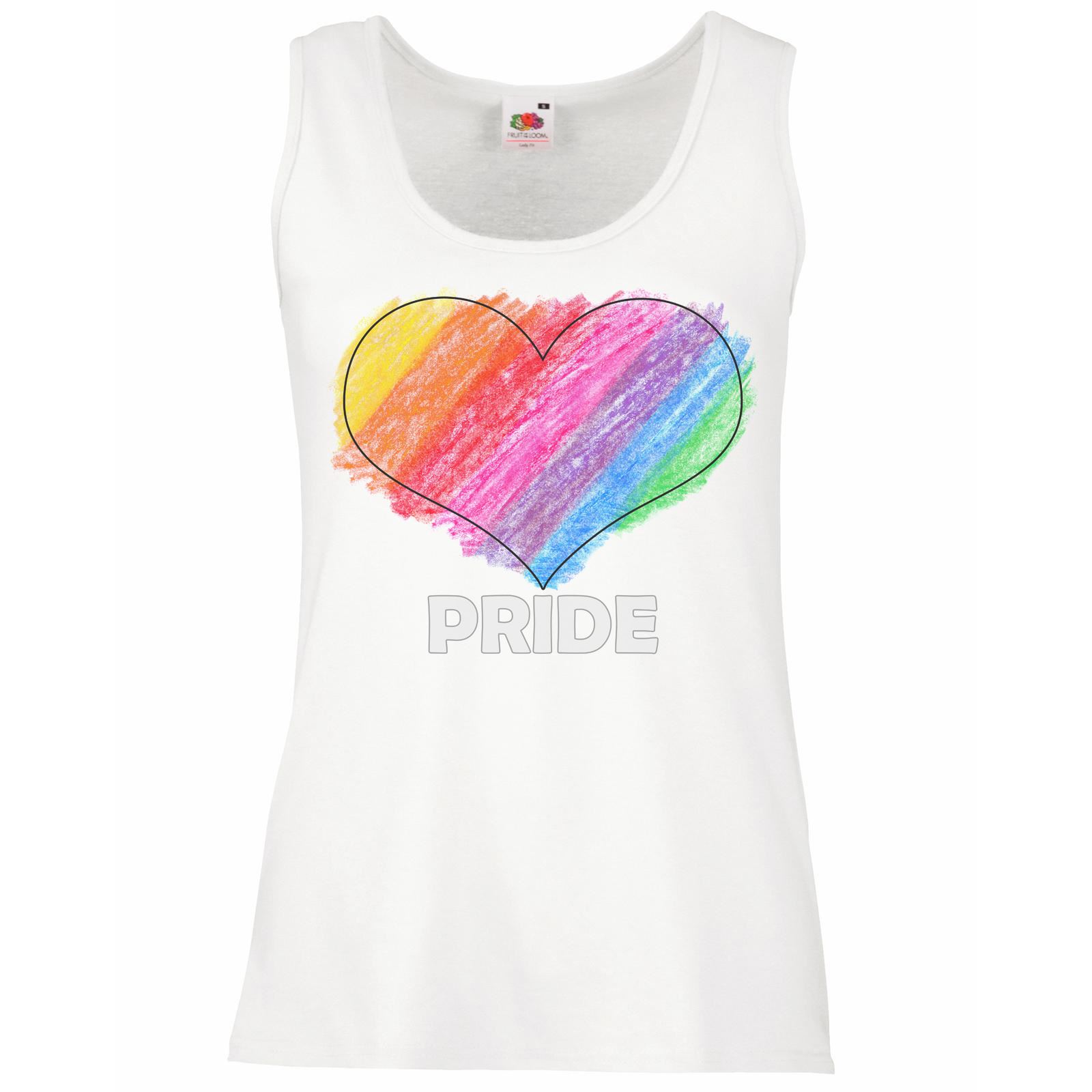 Womens LGBT Rainbow Crayon Love Heart Gay Pride March Lady Fit White Vest - Picture 3 of 7