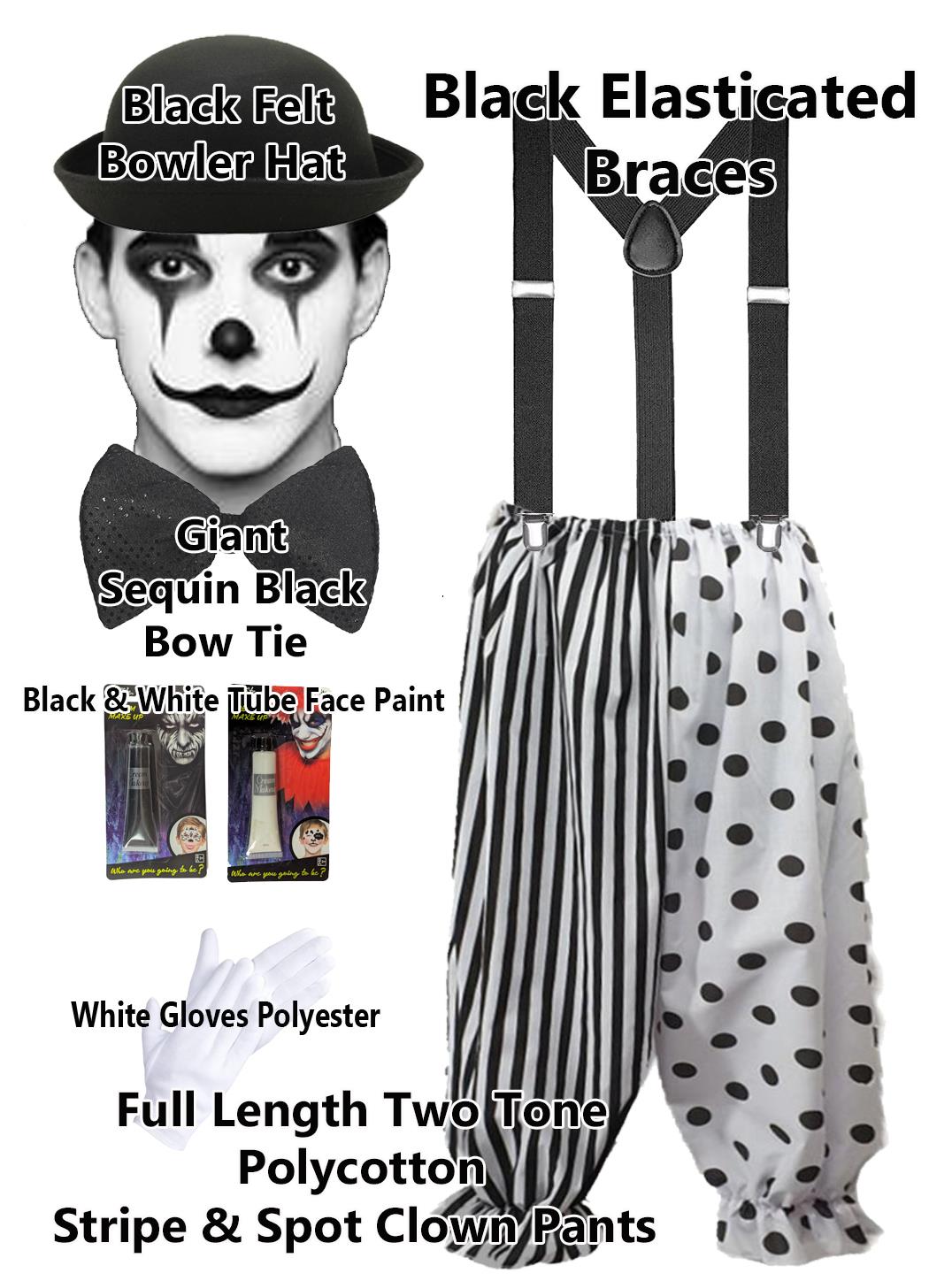 Adults Black & White Pierrot Clown Set Circus Big Top Kit Fancy Dress Costume - Picture 11 of 14