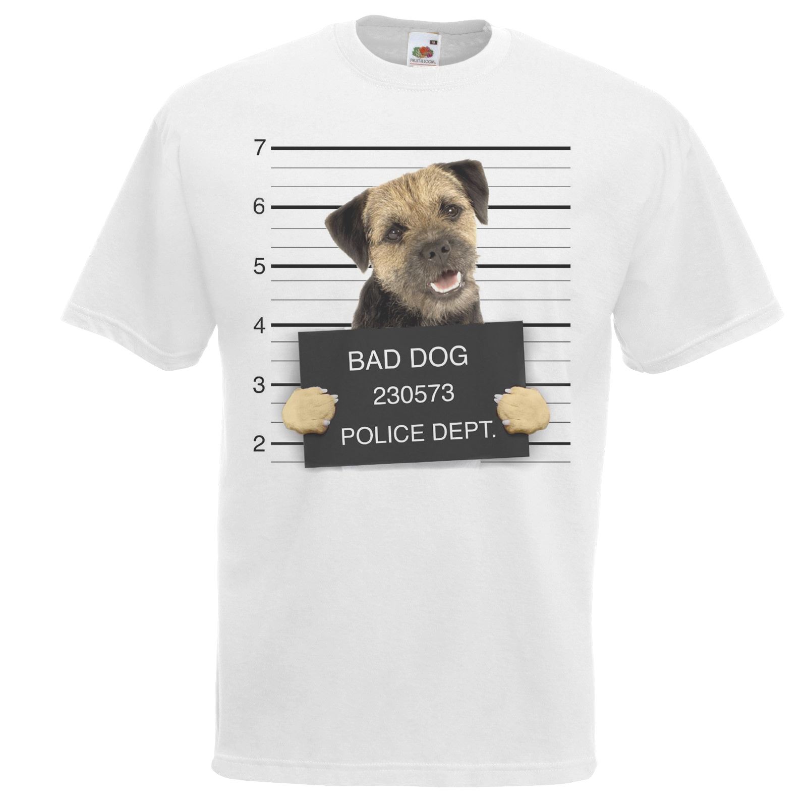 Mens White Dog Mugshot Scruffy Boarder Terrier T-Shirt Criminal K9 TShirt