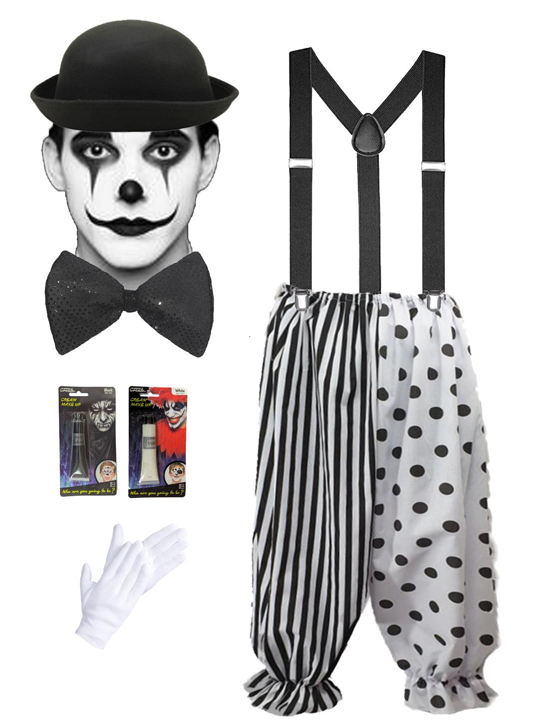 Adults Black & White Pierrot Clown Set Circus Big Top Kit Fancy Dress Costume - Picture 6 of 14