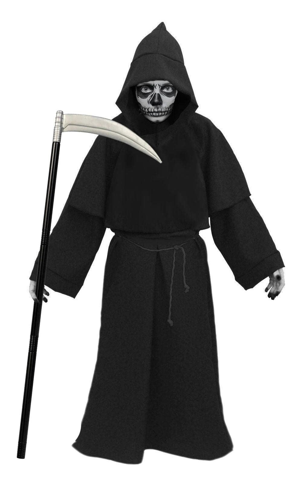 Childs Grim Reaper Death Robes Scythe Face Paint Halloween Fancy Dress Costume - Picture 3 of 3