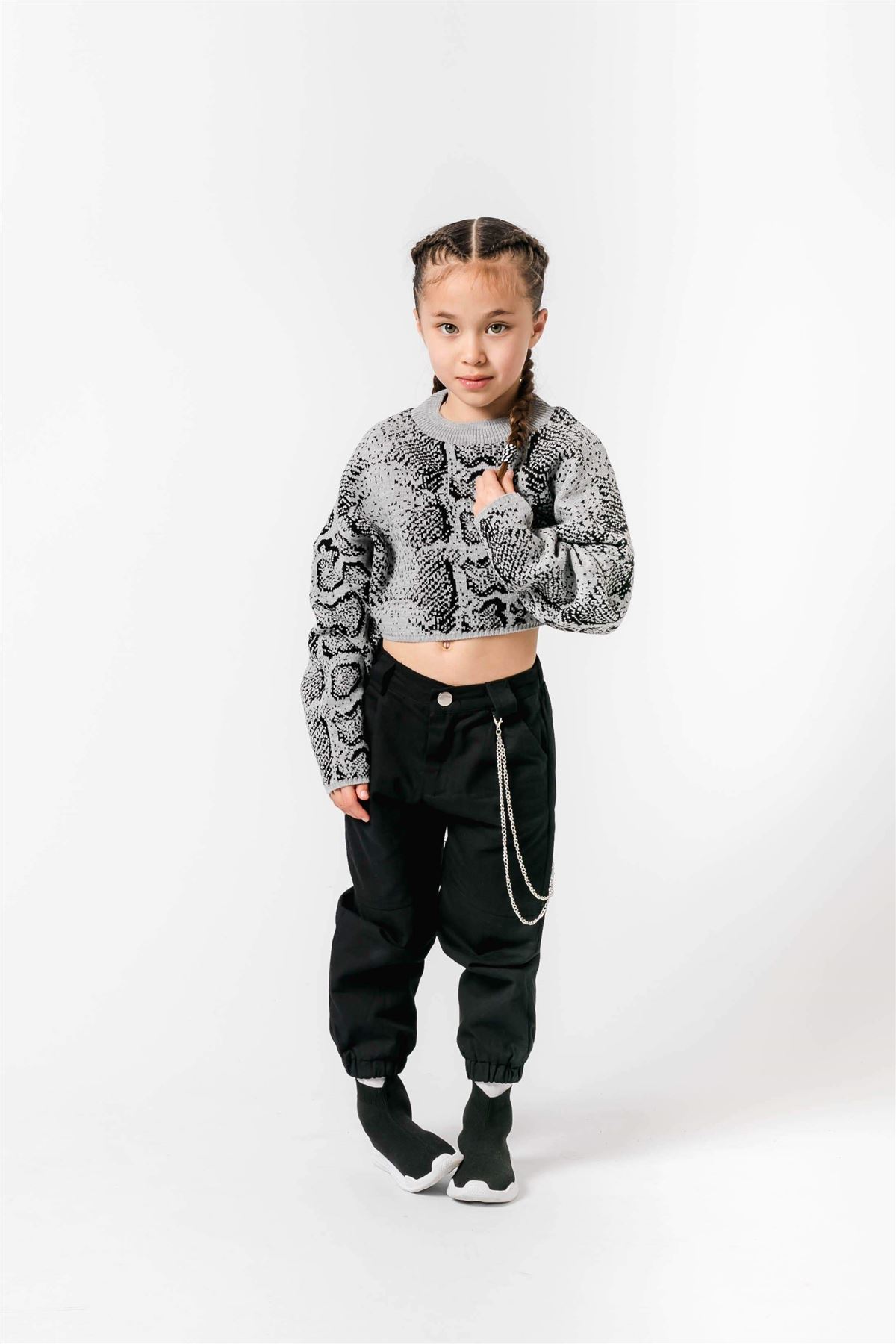 Girls Printed Cropped Jumper Snake Print Sweatshirt Long Sleeve Winter Sweater - Picture 4 of 7