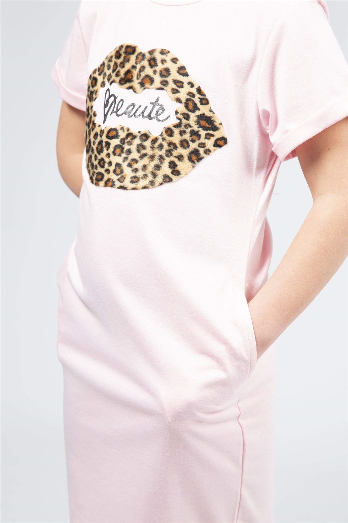 Girls Lip Print T-Shirt Leopard Oversized Top Kid Side Front