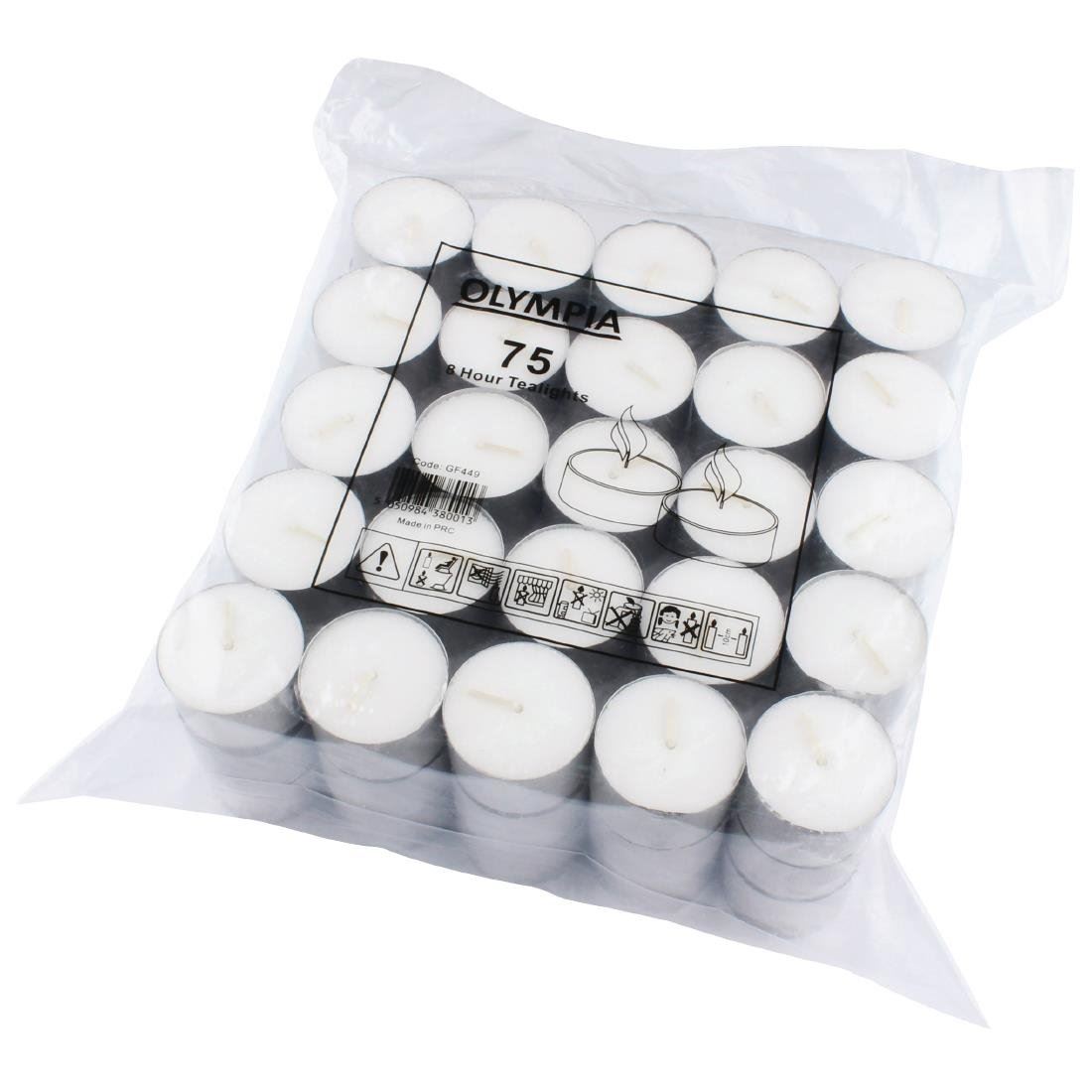 75 X Olympia 8 Hour Tealights White Wax Candles Mood Lighting