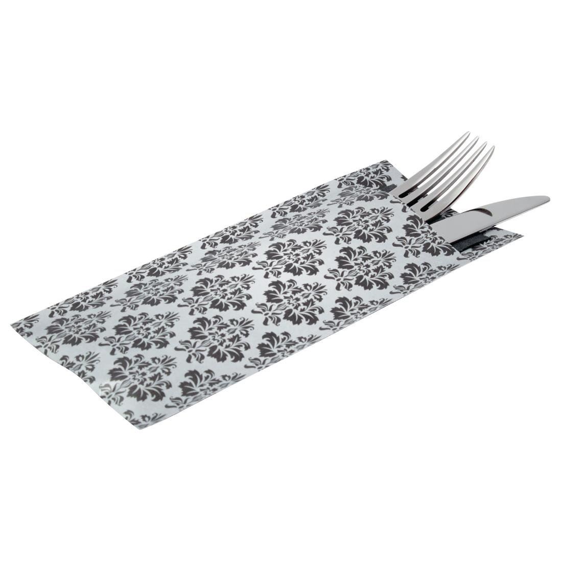 Europochette Vintage Design White Cutlery Pouch with Black Napkin - Pack of 100