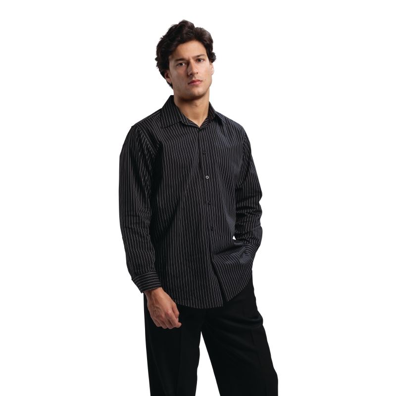 Uniform Works Mens Long Sleeved Shirt Pinstripe Collar Top Restaurant Uniform