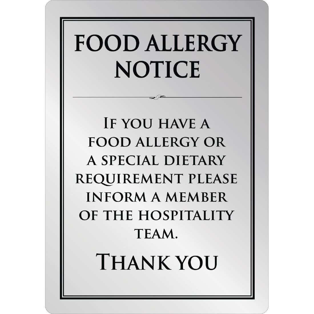 Food Allergy Sign A4 Size Made of Brushed Steel Self Adhesive and Easy