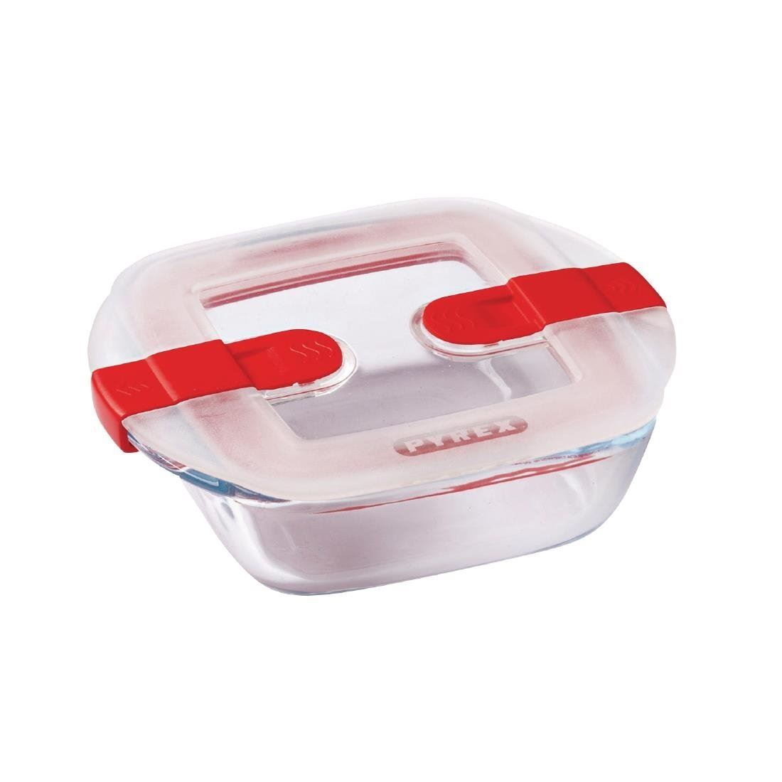 Pyrex Cook and Heat Square Glass Dish with Airtight Lid Steam Vents - 350ml