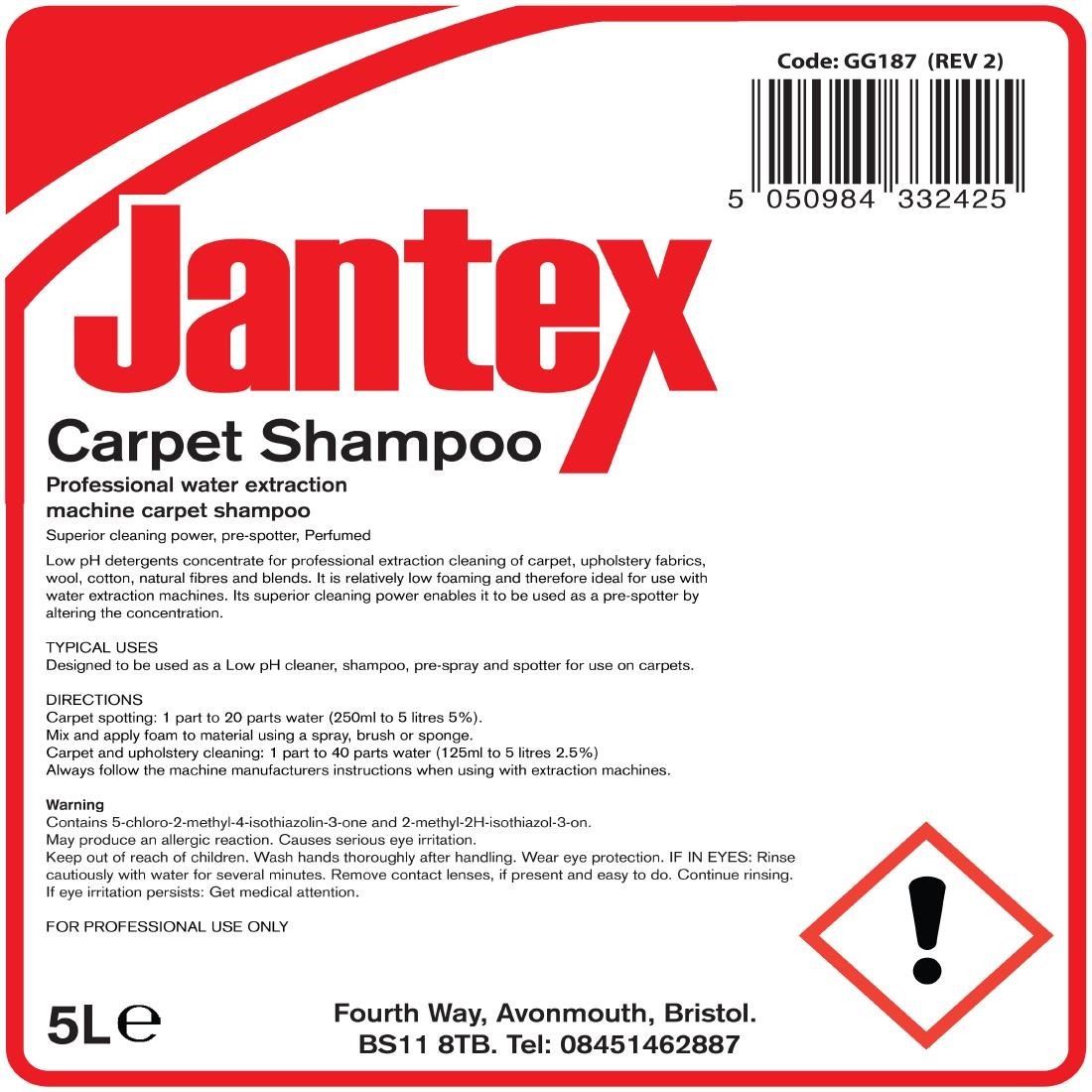 Jantex Carpet Shampoo 5Ltr Fabric Cleaner Stain Remover Low Foaming