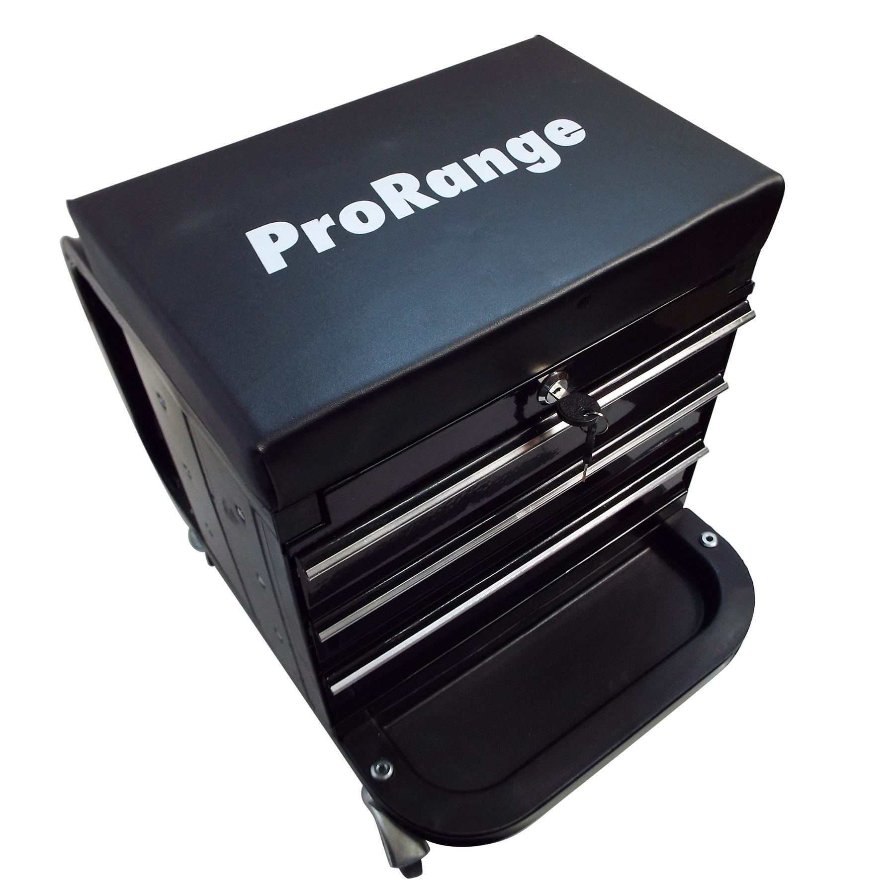 Mechanics Seat With 3 Drawer Locking Tool Box Trolley Black