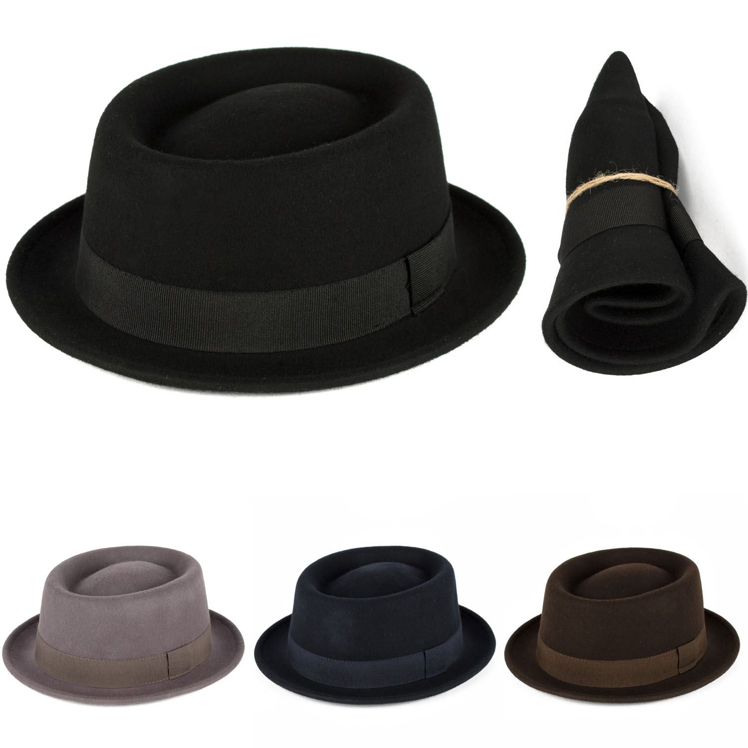 Men's Ladies 100 Wool Pork Pie Hat Plain Felt Waterproof & Crushable