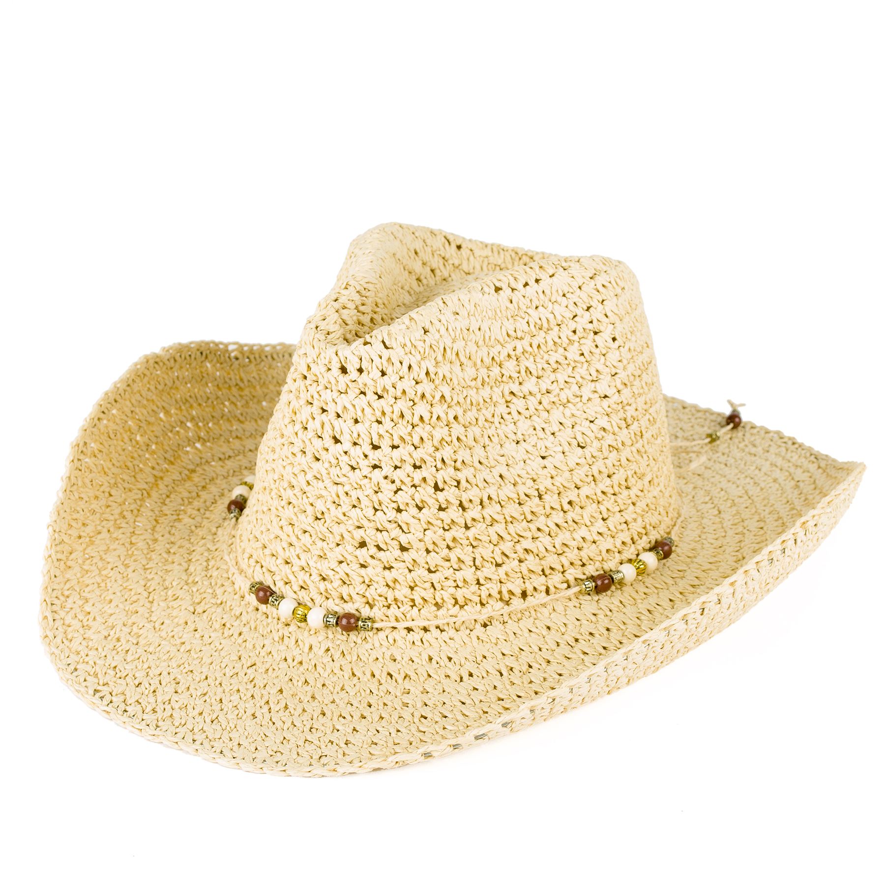 Men's Ladies Plain Woven Cowboy Hat With Beaded Rope Band Natural