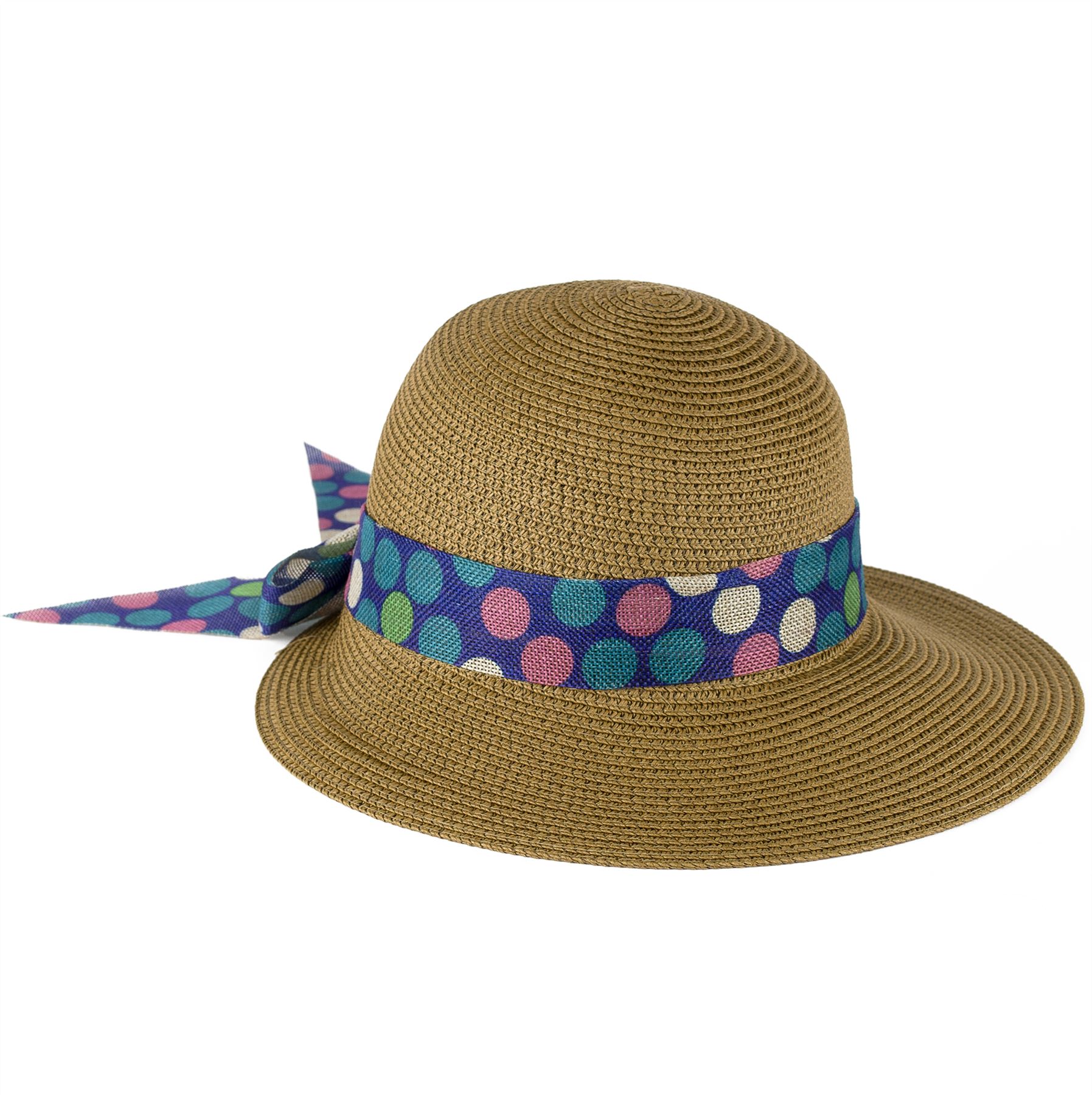 Ladies Woven Floppy Style Visor Hat With Polka Dot Grosgrain Bow Ribbon