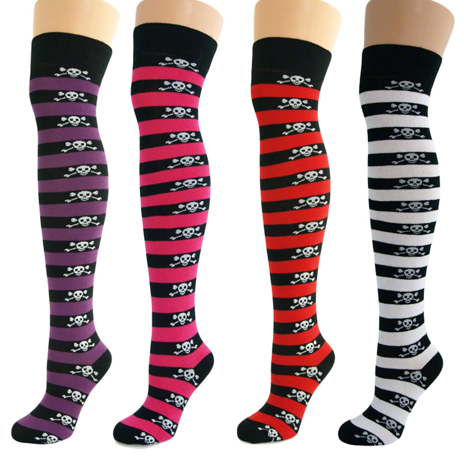 4 Pairs Womens Ladies Girls Over Knee Thigh High Skull And Crossbones