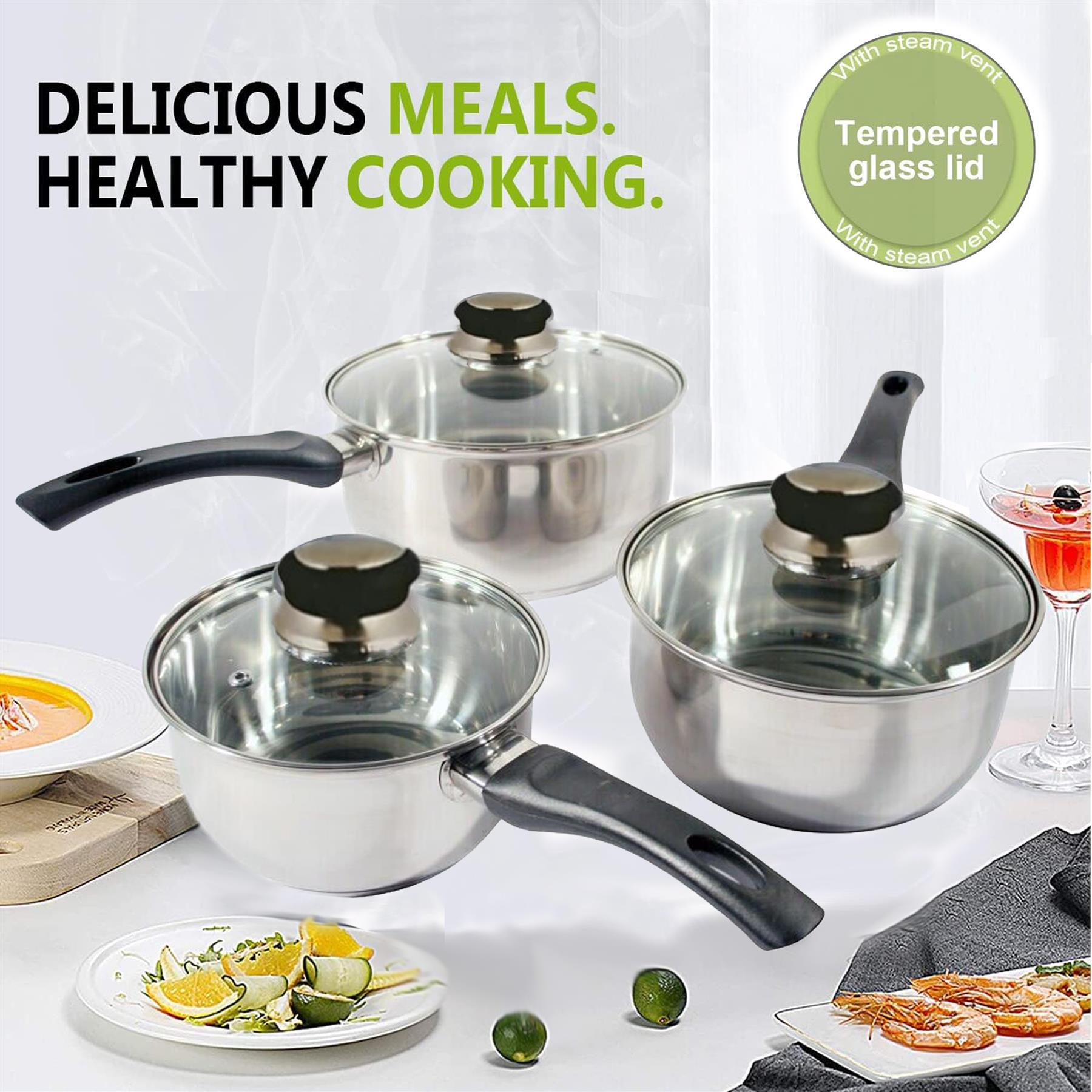 6PC INDUCTION SAUCEPAN SET STAINLESS STEEL COOKWARE PAN STOCK POTS LID PREMIUM - Picture 4 of 14