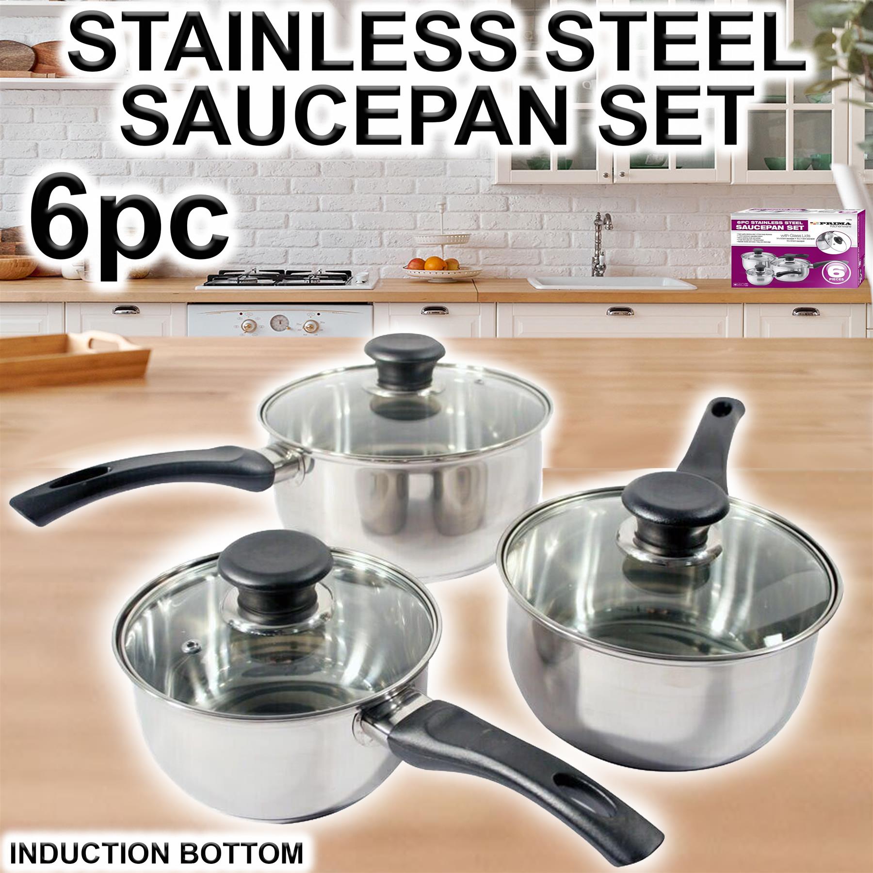 6PC INDUCTION SAUCEPAN SET STAINLESS STEEL COOKWARE PAN STOCK POTS LID PREMIUM - Picture 9 of 14