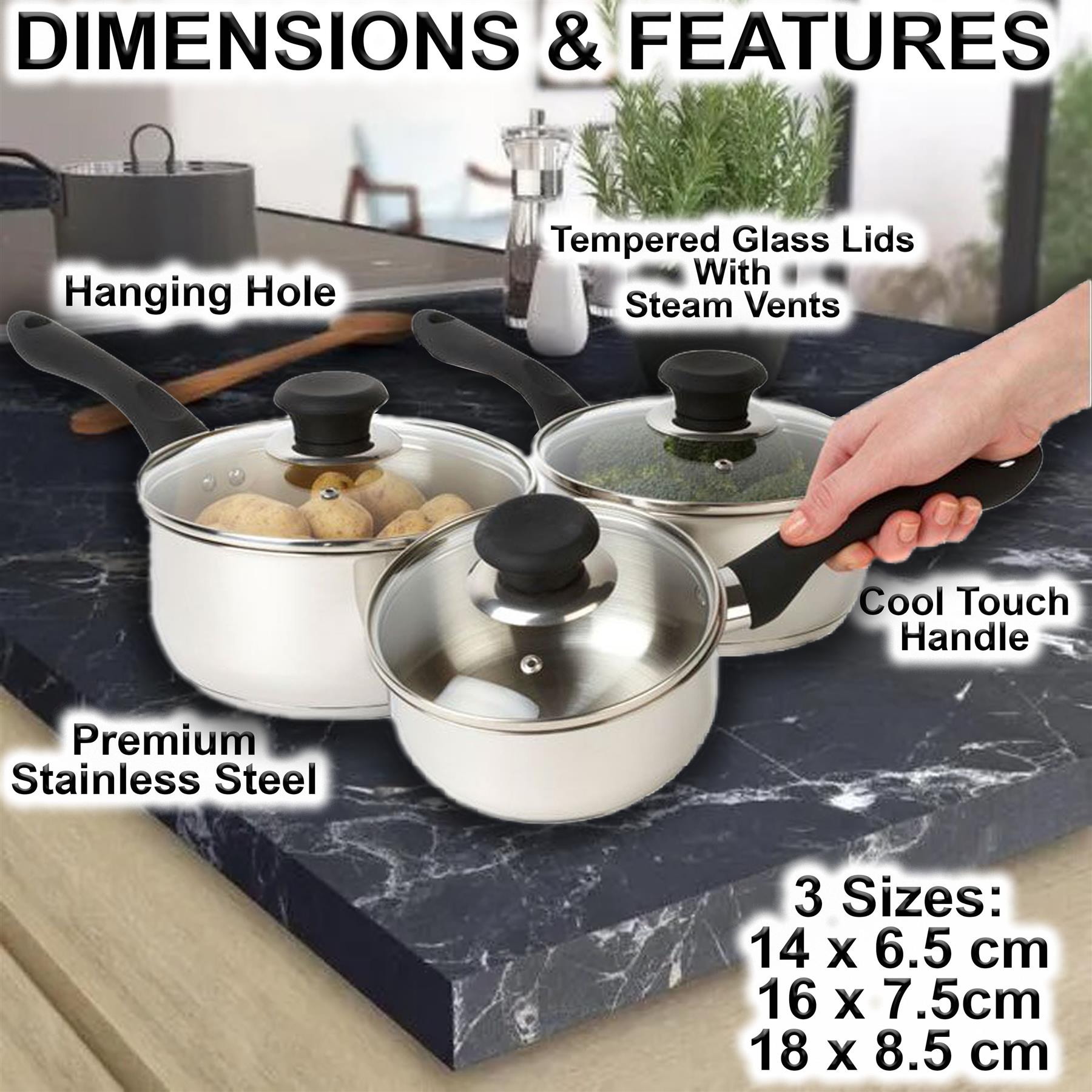 6PC INDUCTION SAUCEPAN SET STAINLESS STEEL COOKWARE PAN STOCK POTS LID PREMIUM - Picture 11 of 14