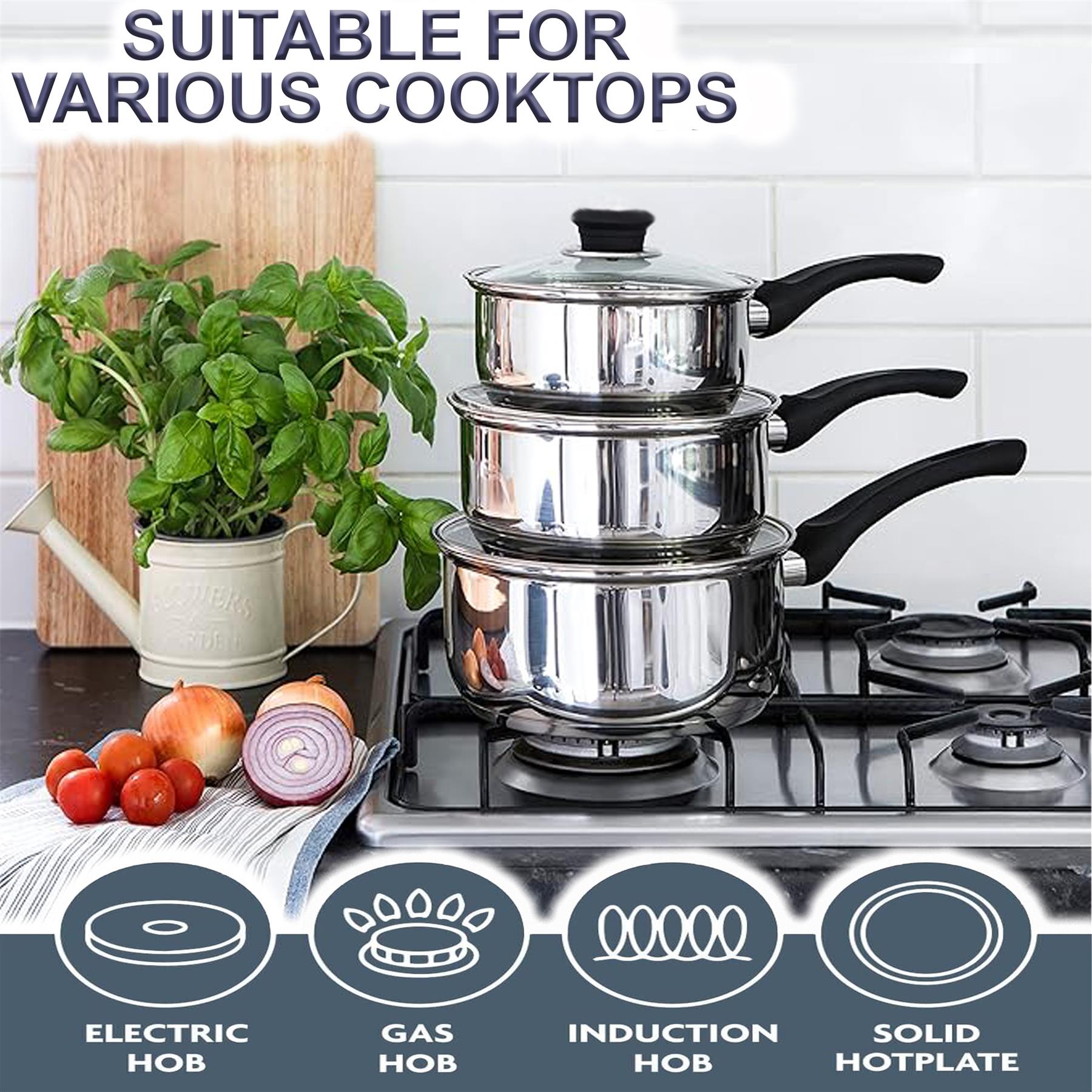 6PC INDUCTION SAUCEPAN SET STAINLESS STEEL COOKWARE PAN STOCK POTS LID PREMIUM - Picture 10 of 14