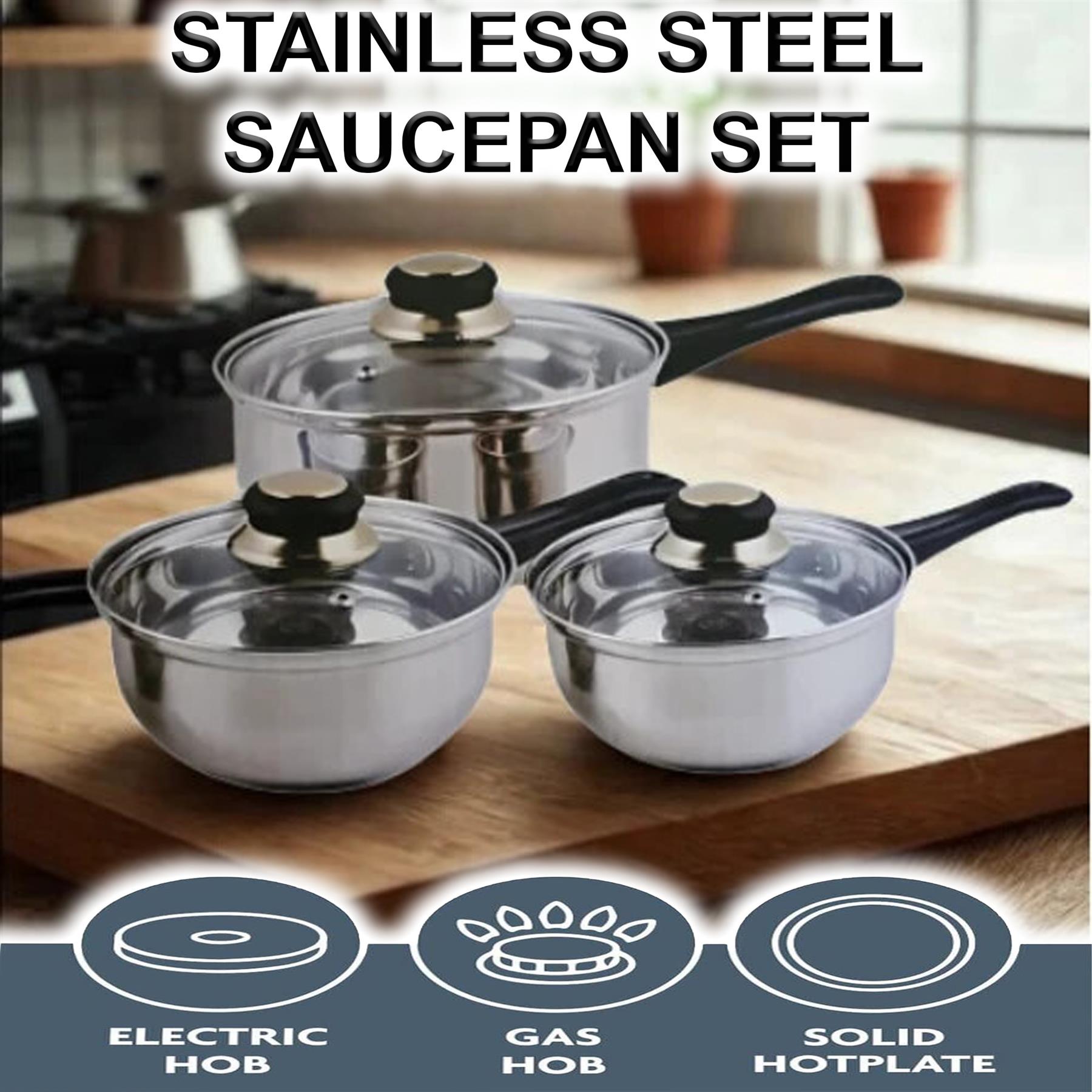 6PC INDUCTION SAUCEPAN SET STAINLESS STEEL COOKWARE PAN STOCK POTS LID PREMIUM - Picture 2 of 14
