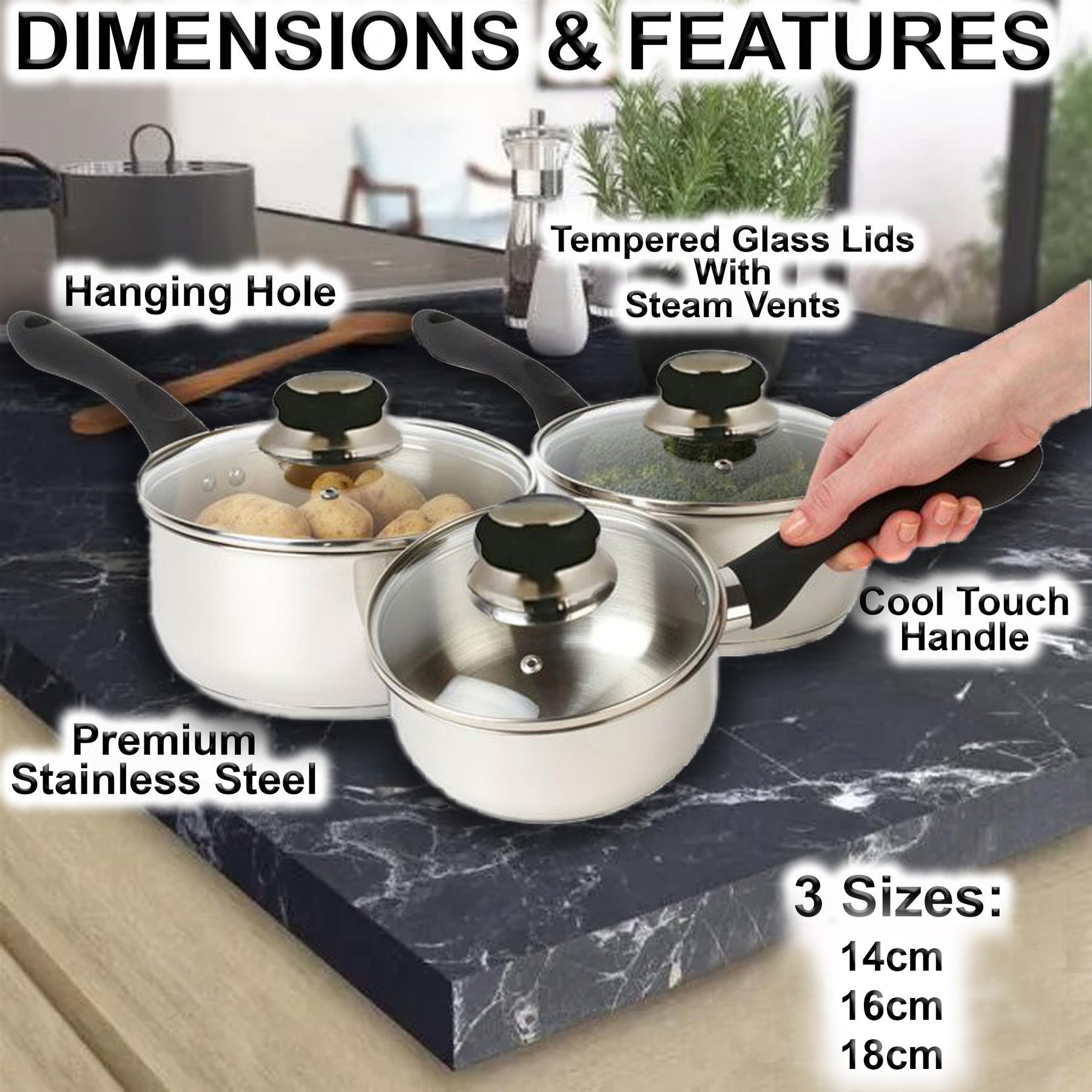 6PC INDUCTION SAUCEPAN SET STAINLESS STEEL COOKWARE PAN STOCK POTS LID PREMIUM - Picture 5 of 14