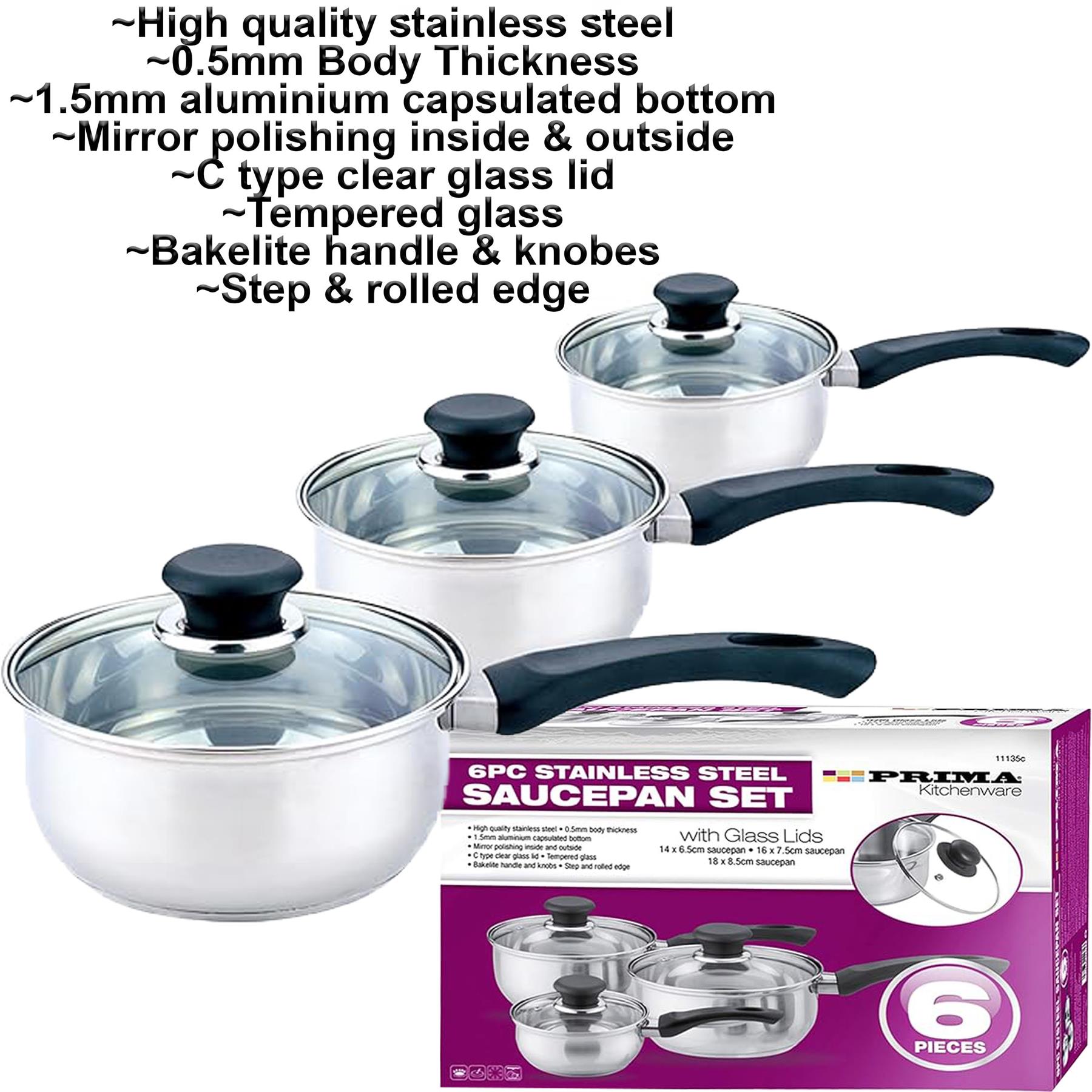 6PC INDUCTION SAUCEPAN SET STAINLESS STEEL COOKWARE PAN STOCK POTS LID PREMIUM - Picture 12 of 14