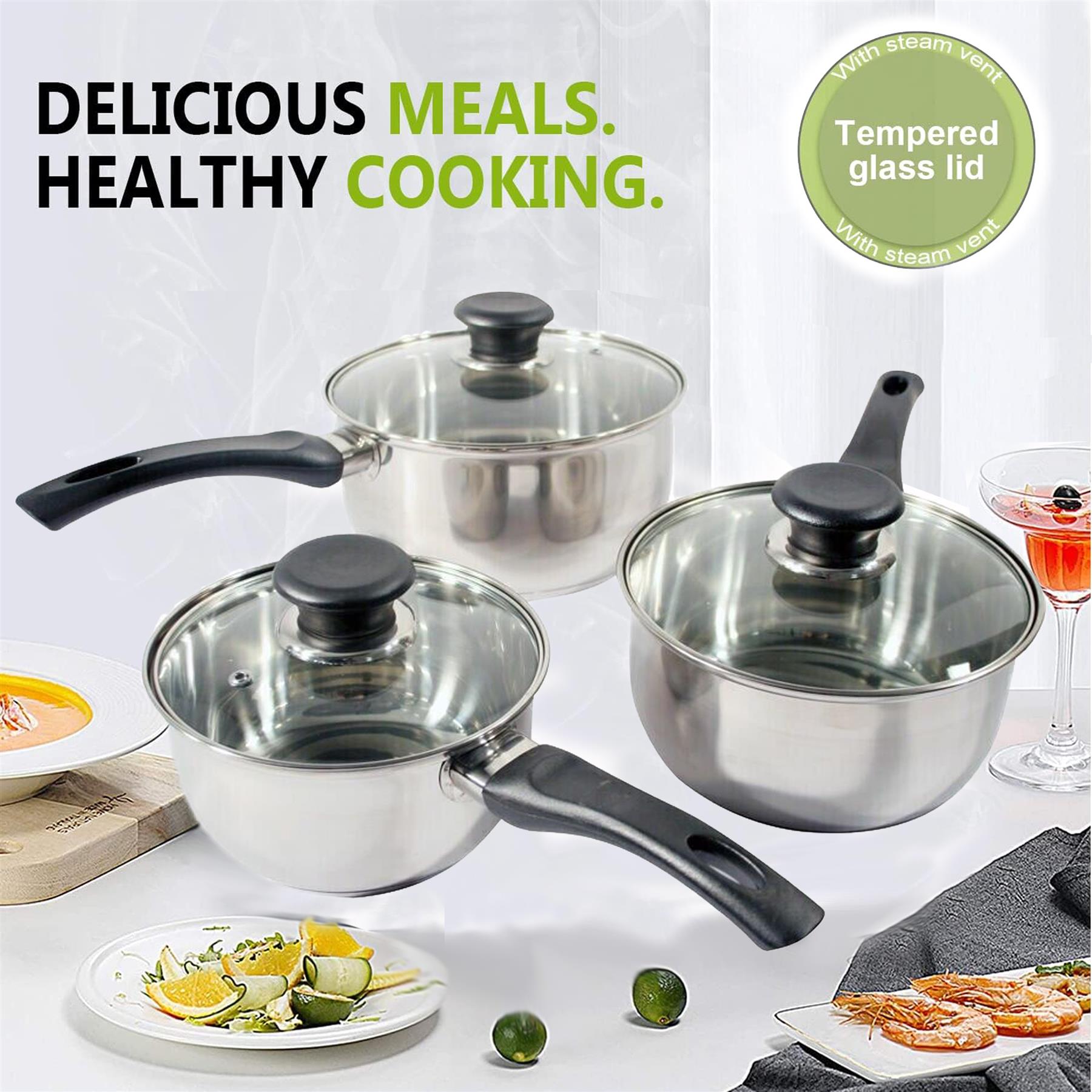 6PC INDUCTION SAUCEPAN SET STAINLESS STEEL COOKWARE PAN STOCK POTS LID PREMIUM - Picture 13 of 14