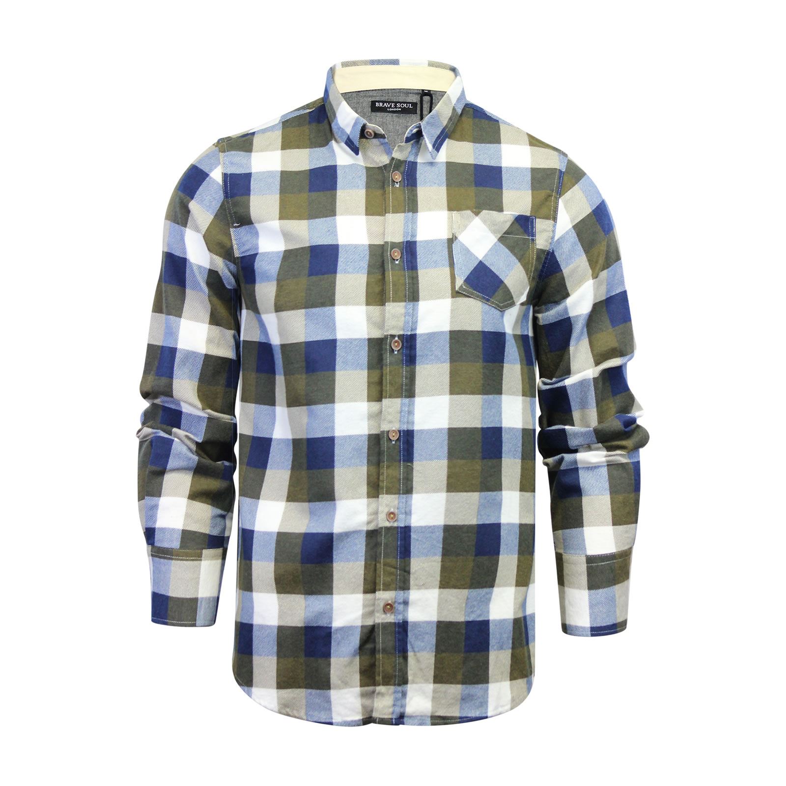 Mens Check Shirt Brave Soul Albert Flannel Brushed Cotton Long Sleeve Casual Top