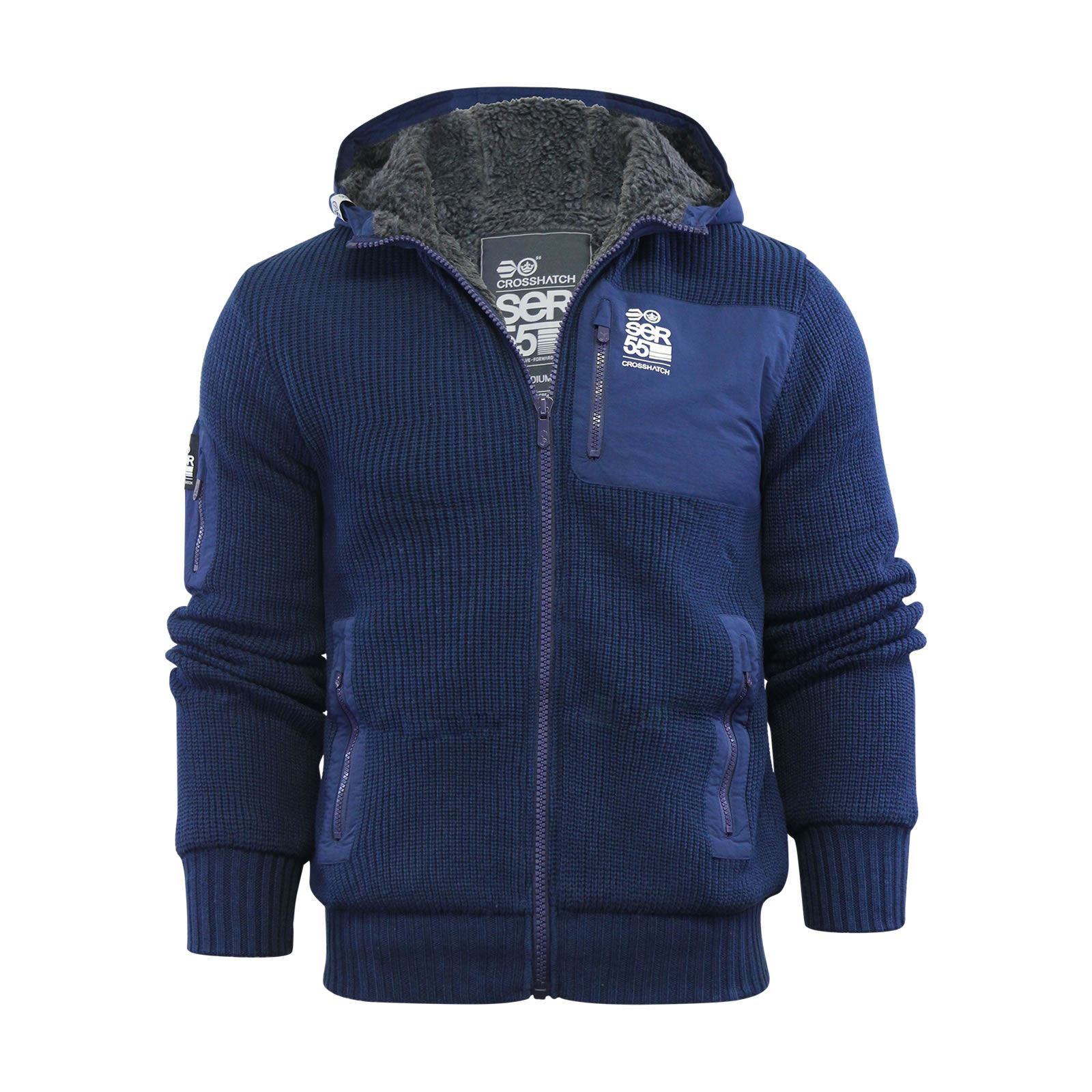 Mens Hooded Cardigan Crosshatch Gleethorpe Fleece Heavy Knitted Hoodie