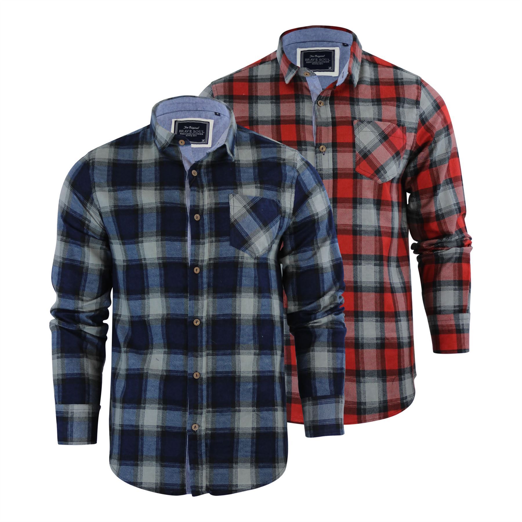 Brave Soul Mendell Mens Check Camicia Flanella Cotone Spazzolato Manica Lunga Casual