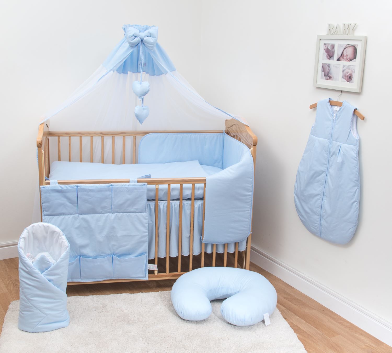 10 Pc Baby Bedding Set with Bumper and Canopy Fits 120x60 cm Cot Plain Blue 10 Pc Baby Bedding Set with Bumper and Canopy Fits 120x60 cm Cot Plain Blue