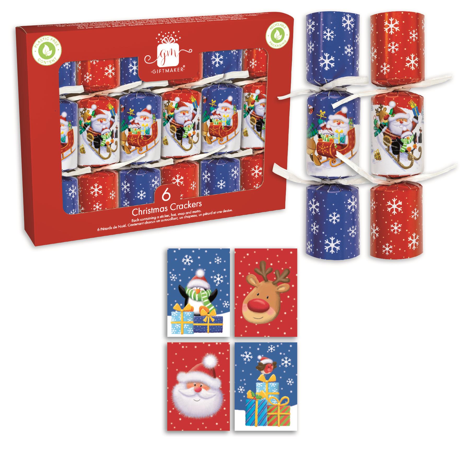 Mini Christmas Crackers Giftmaker Pack 6 Novelty Fun Blue & Red Santa & Friends - Picture 2 of 6