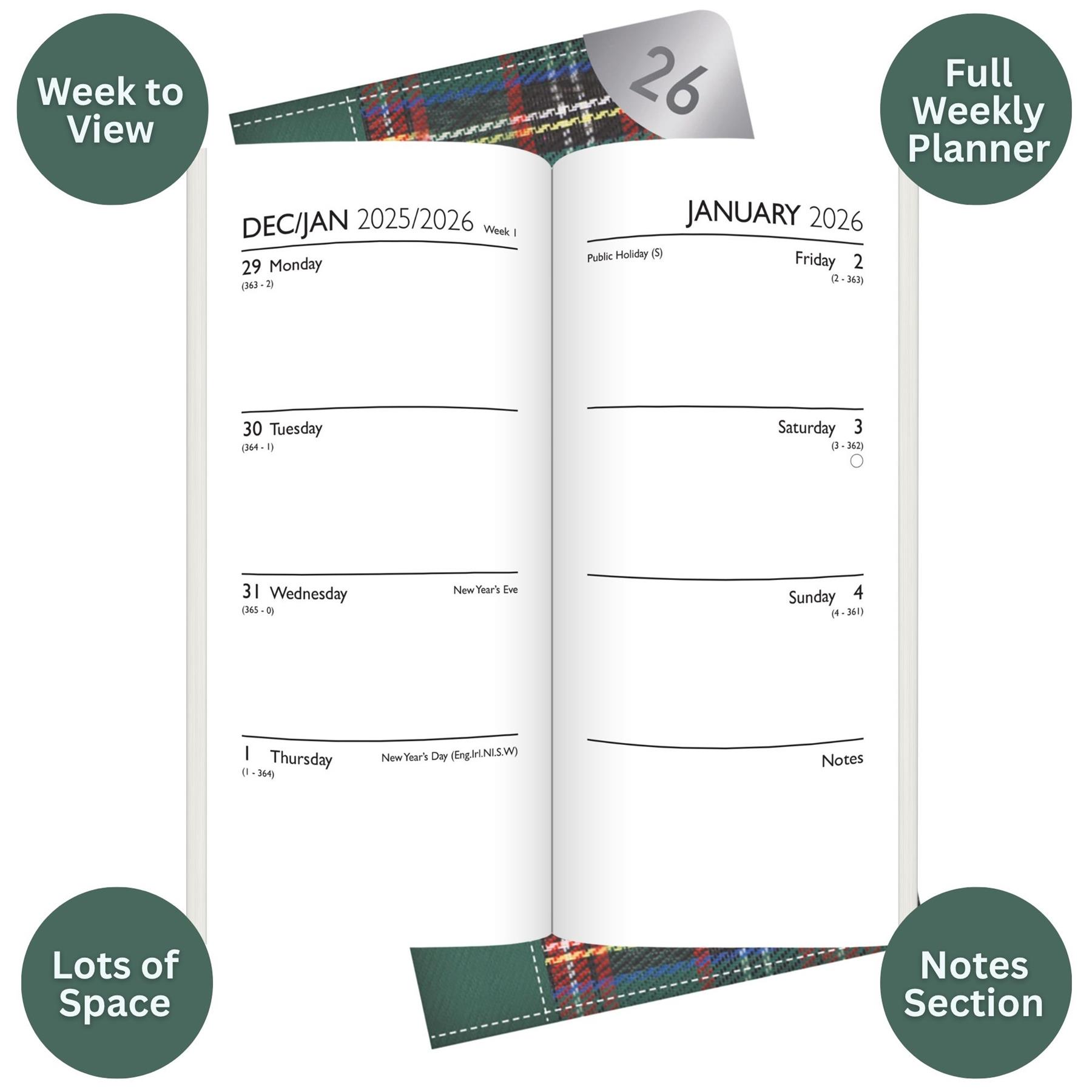 2026 Diary Slim Week to View Weekly Planner Organiser Tartan Red Navy Green - Picture 8 of 14