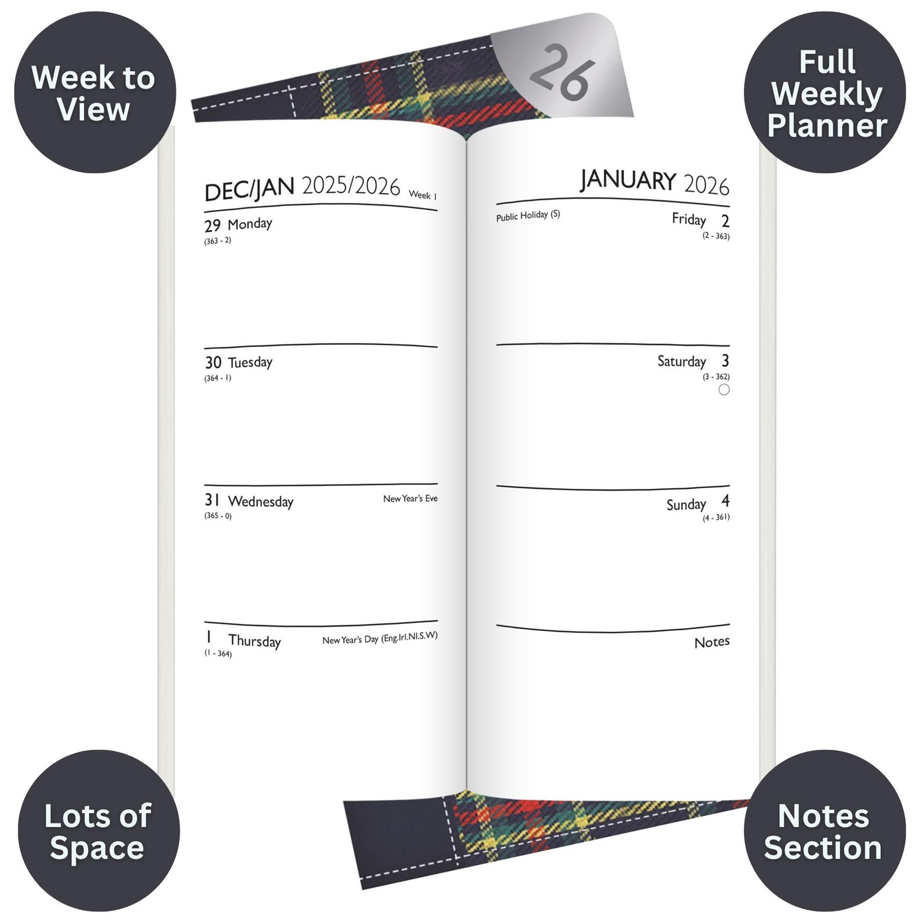 2026 Diary Slim Week to View Weekly Planner Organiser Tartan Red Navy Green - Picture 4 of 14