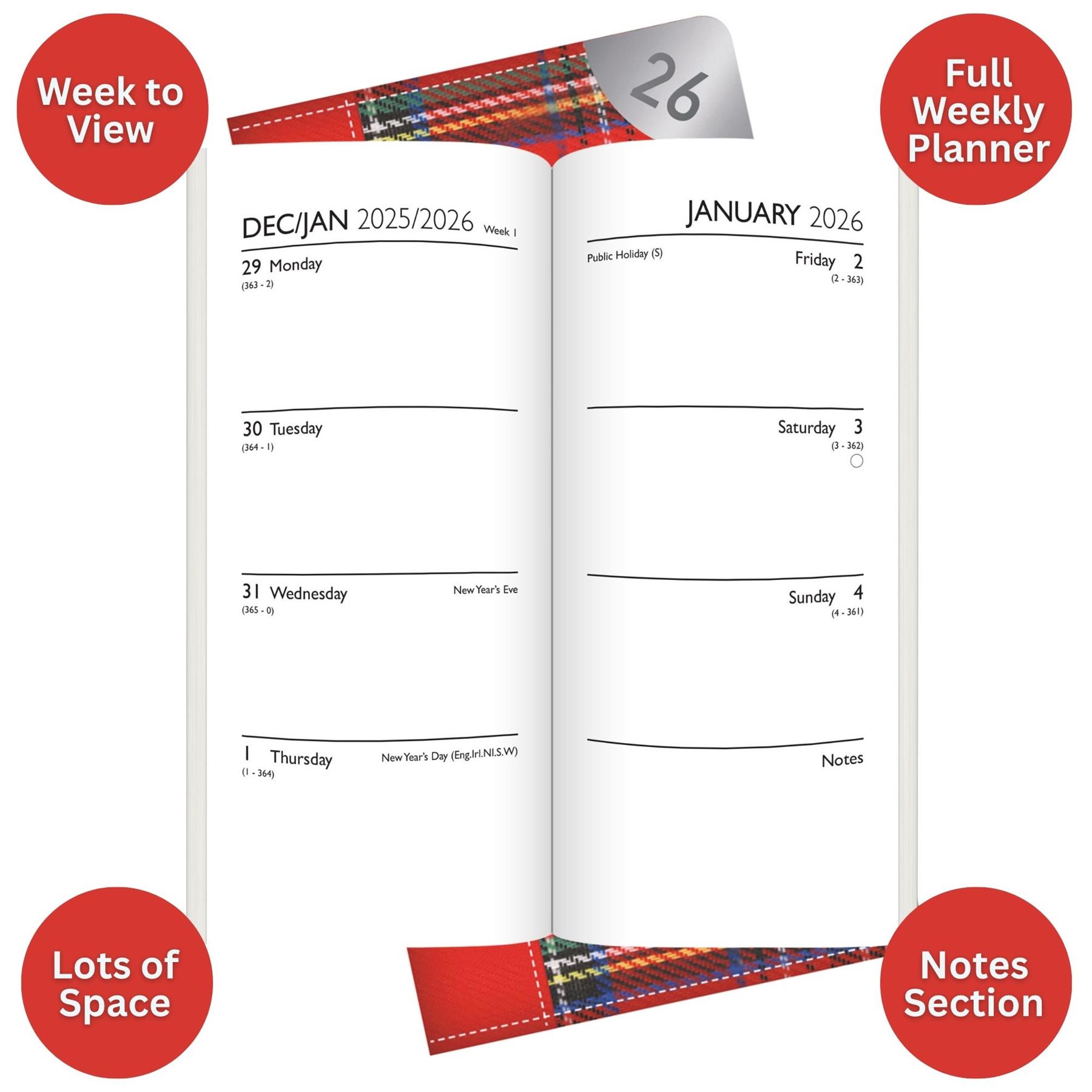 2026 Diary Slim Week to View Weekly Planner Organiser Tartan Red Navy Green - Picture 12 of 14