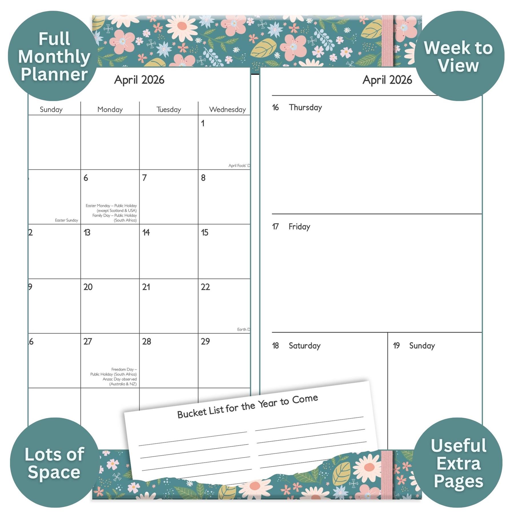 2026 Tagebuch A5 Woche zur Ansicht Blumen Softcover Monatsplaner Organizer grün rosa - Bild 4 von 9