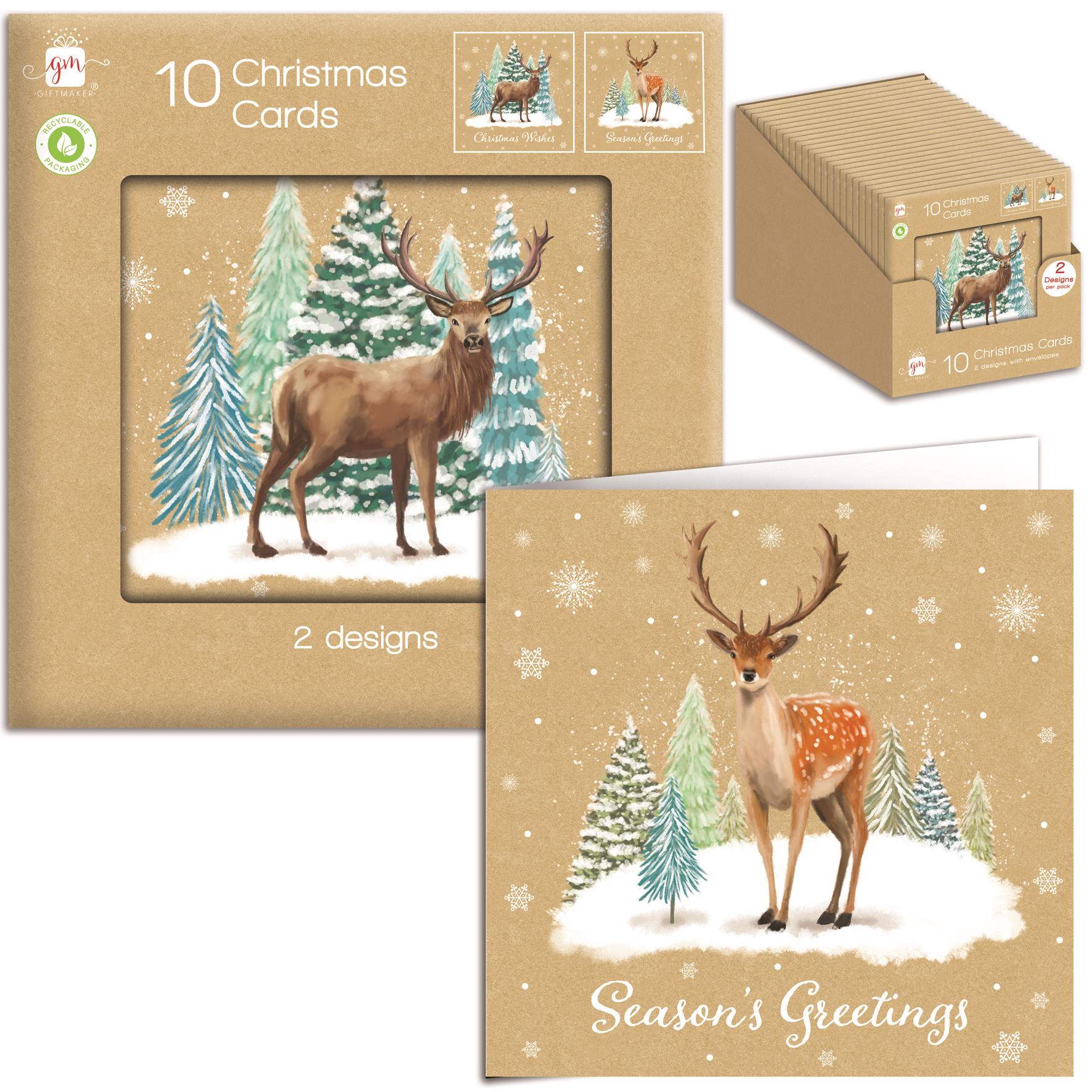 Giftmaker Festive Square Christmas Cards 10 Pack – 2 Classic Xmas Designs With Envelopes