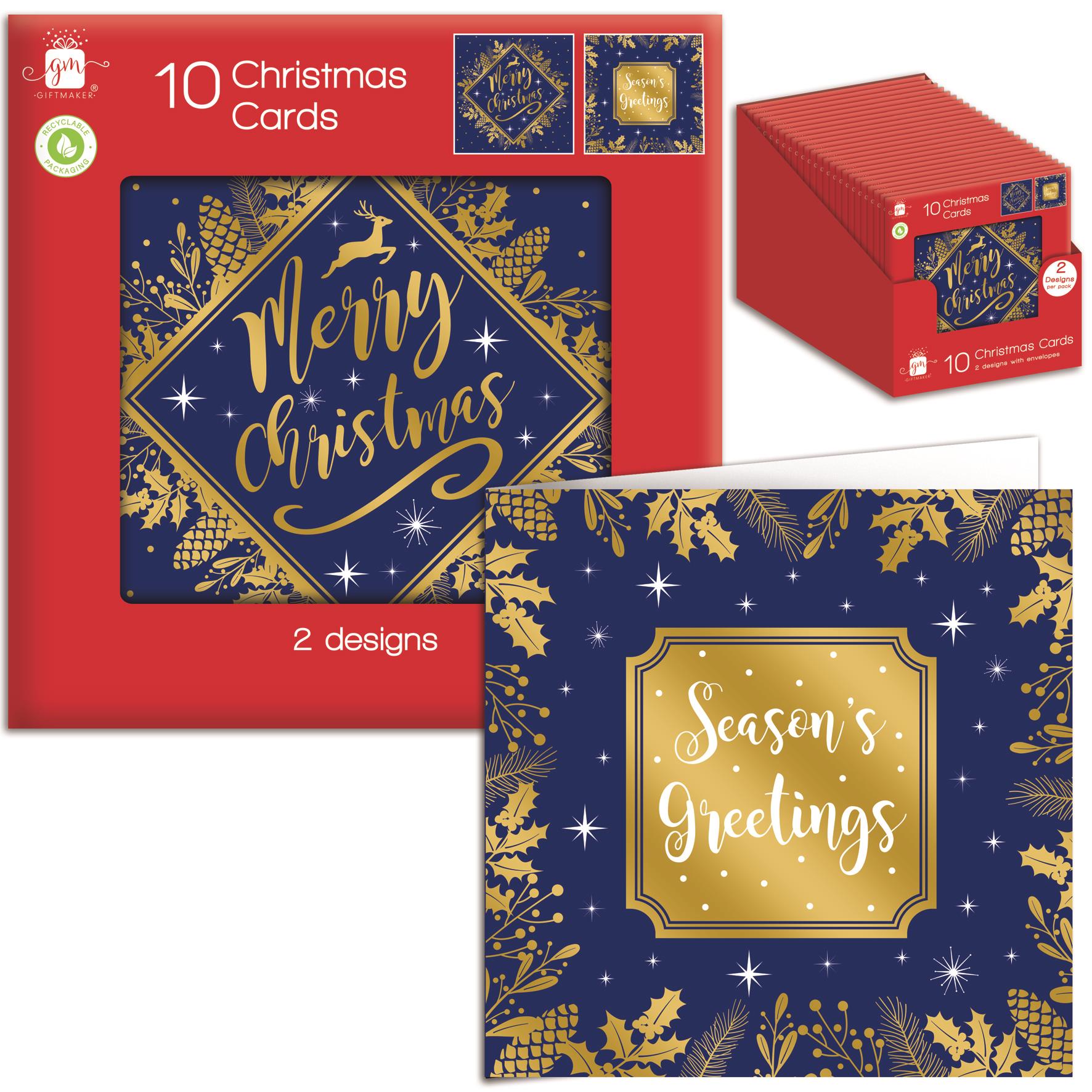 Pack Of 10 Square Christmas Cards By Giftmaker - 2 Festive Designs (14cm X 14cm) With Envelopes