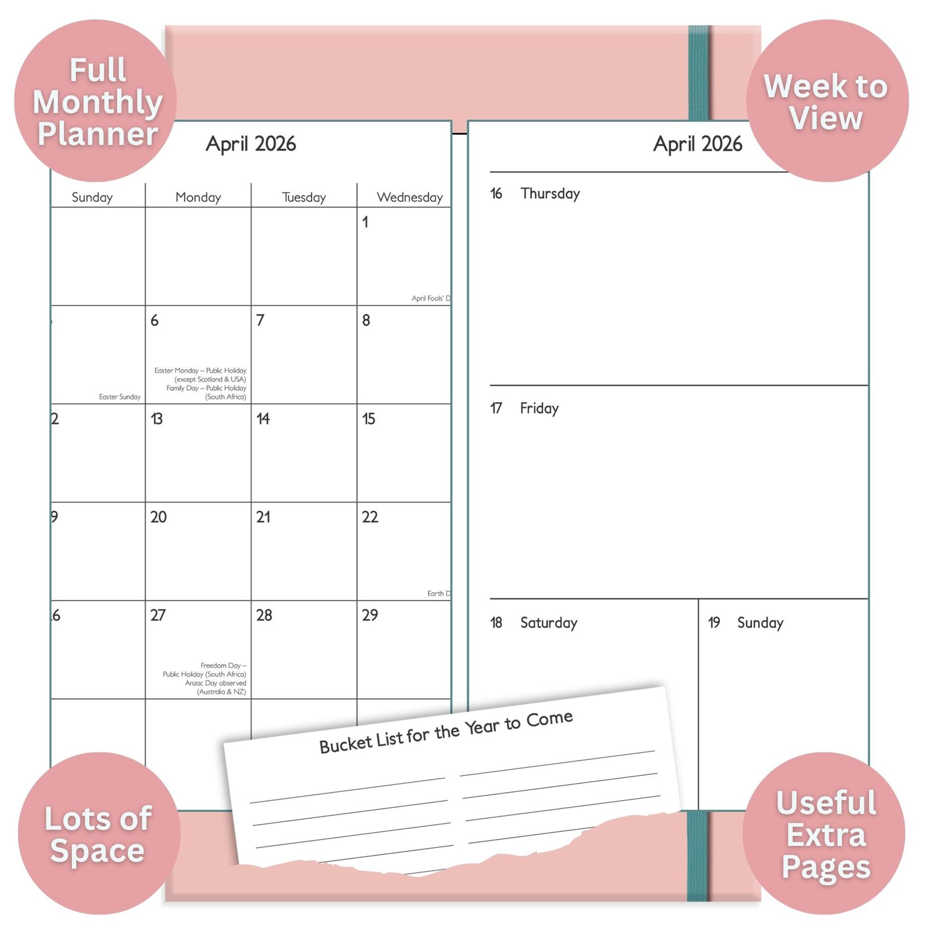 2026 Tagebuch A5 Woche zur Ansicht Blumen Softcover Monatsplaner Organizer grün rosa - Bild 9 von 9