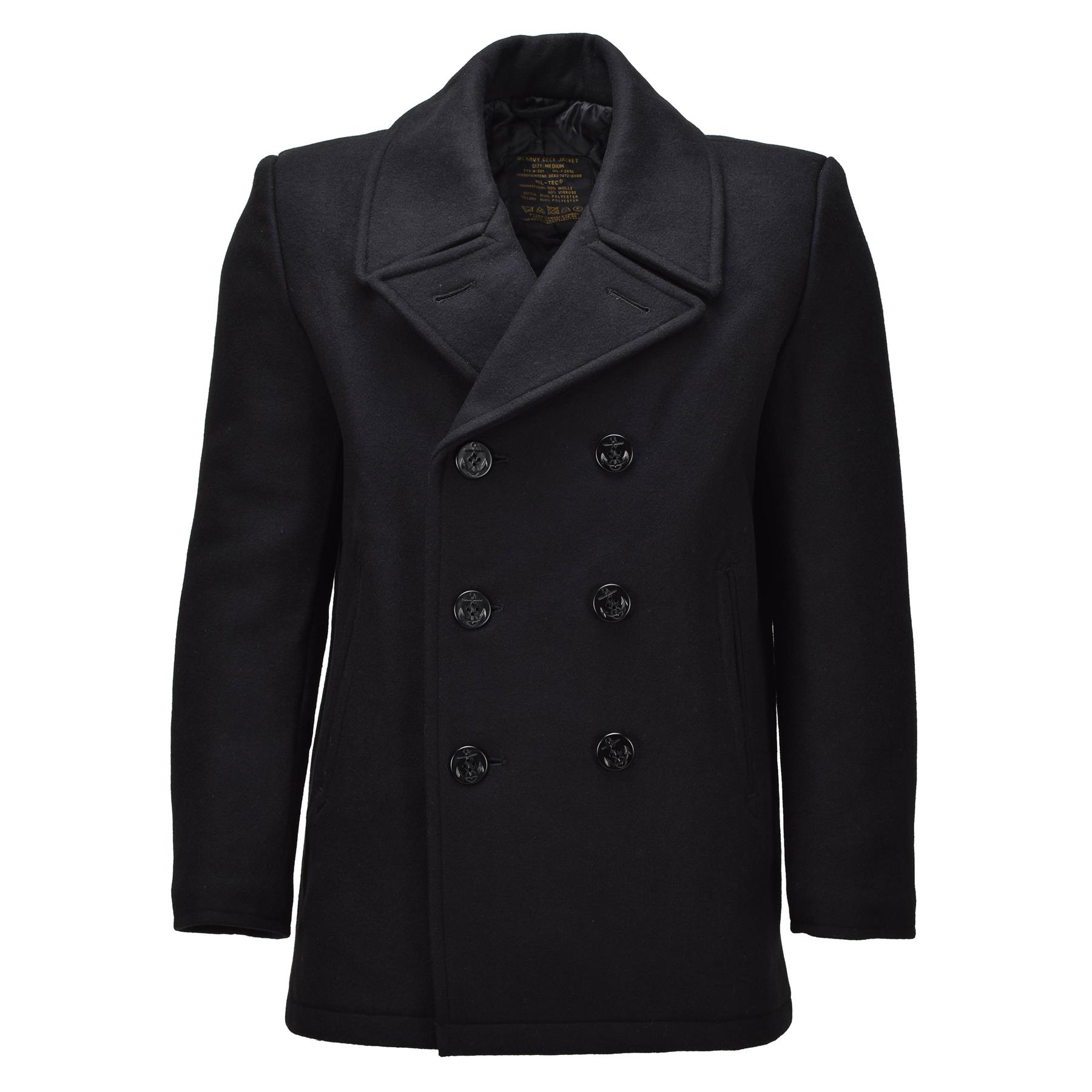 MIL-TEC Mens Pea Coat Wool Blend Navy Style Double Breasted Jacket