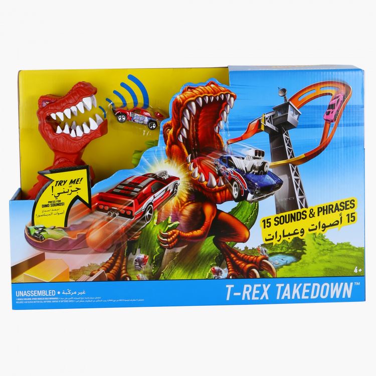 Hot Wheels TRex Dinosaurio estiraje Playset & Coche de Juguete FFW81