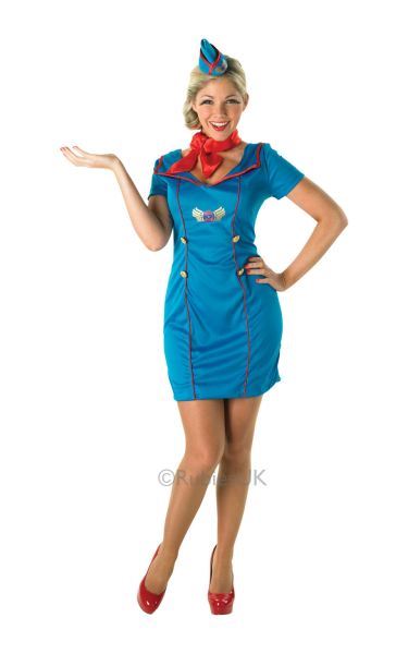 Hat 8-16 Blue Air Hostess Uniform Ladies Stewardess Fancy Dress Womens Costume