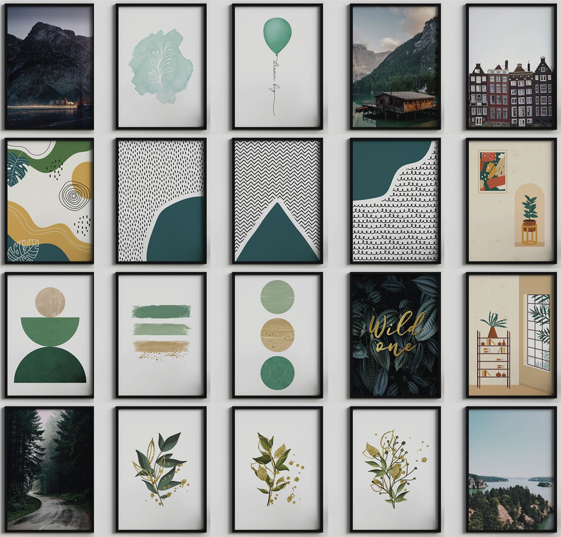 Green Themed Framed Wall Art Living Room Prints Forest Botanical Style